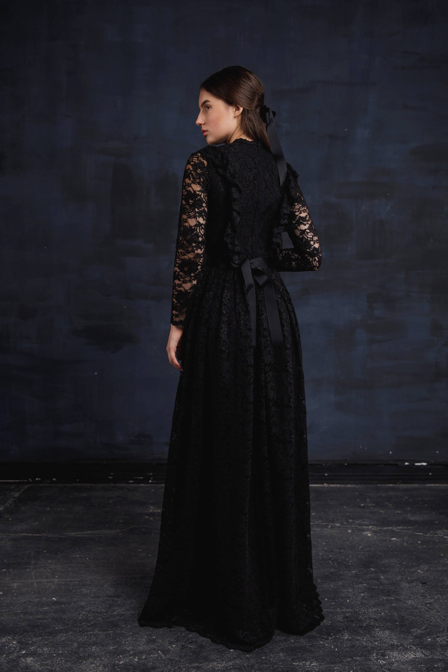 Black lace wedding dress with long sleeves, Gothic wedding dress with fit and flare skirt, Goth bride dress, Alternative wedding dress