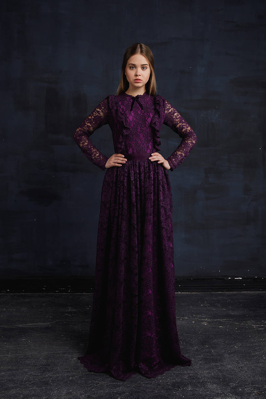 Black lace wedding dress with long sleeves, Gothic wedding dress with fit and flare skirt, Goth bride dress, Alternative wedding dress