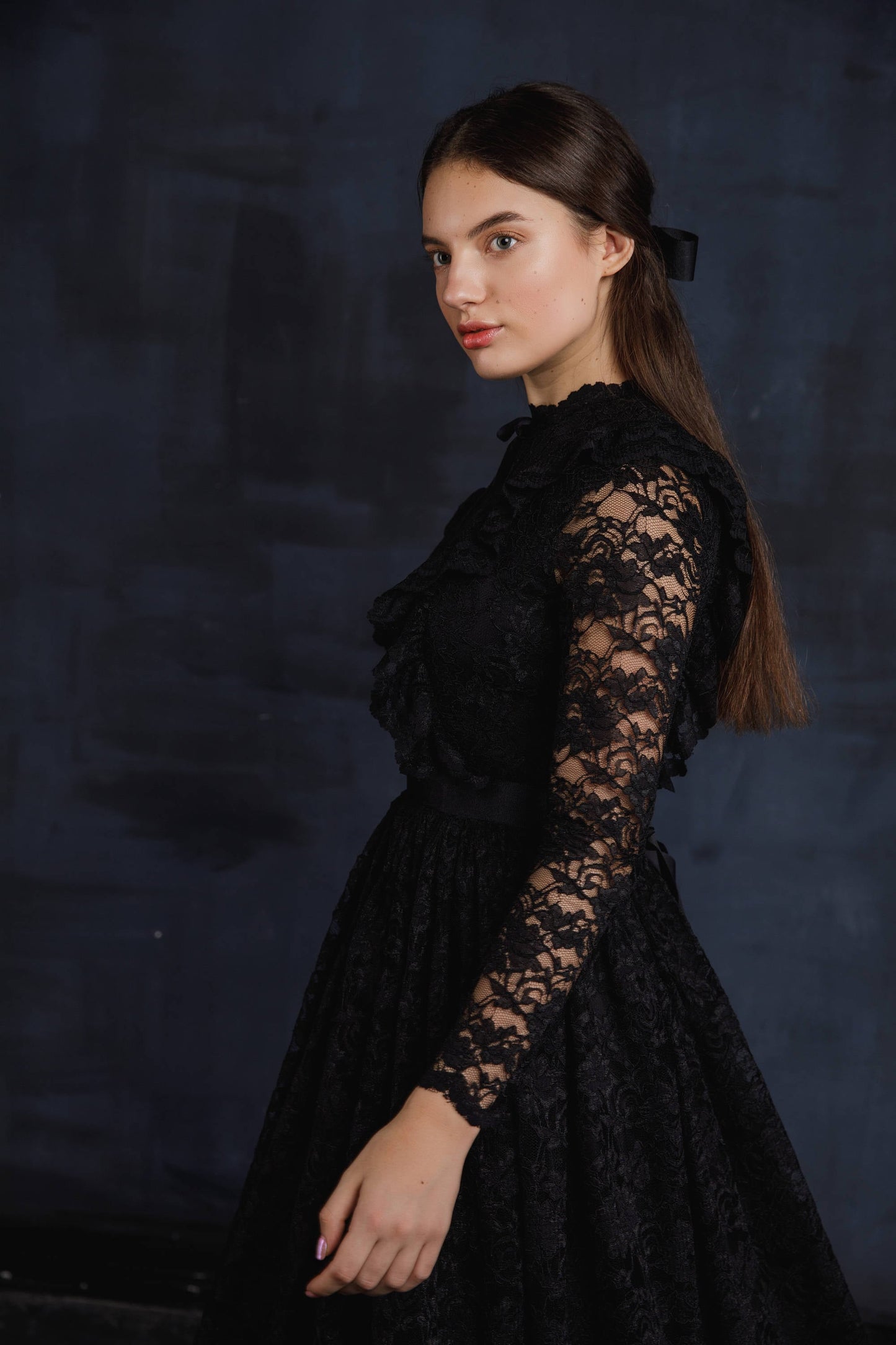 Black lace wedding dress with long sleeves, Gothic wedding dress with fit and flare skirt, Goth bride dress, Alternative wedding dress