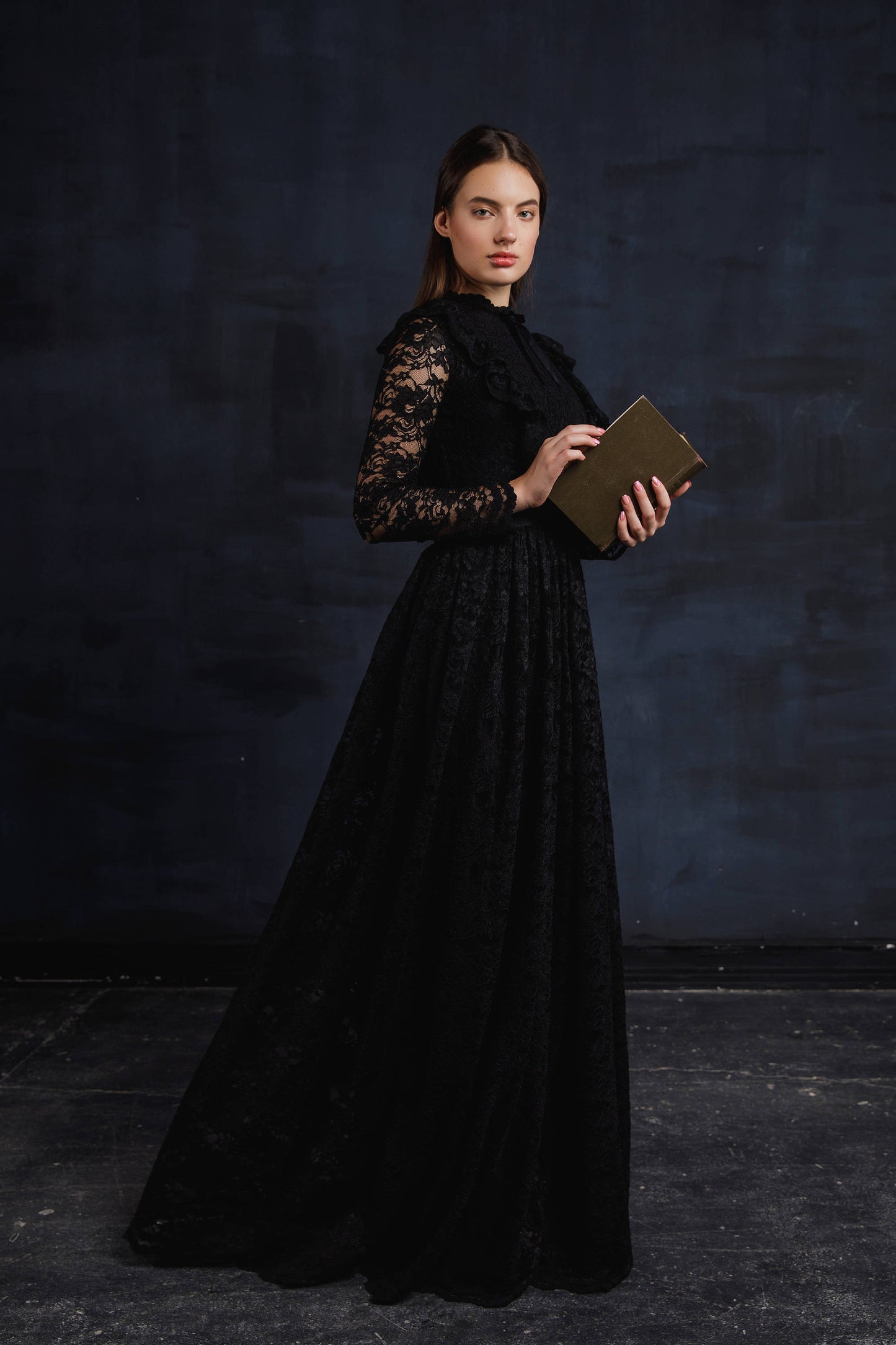 Black lace wedding dress with long sleeves, Gothic wedding dress with fit and flare skirt, Goth bride dress, Alternative wedding dress