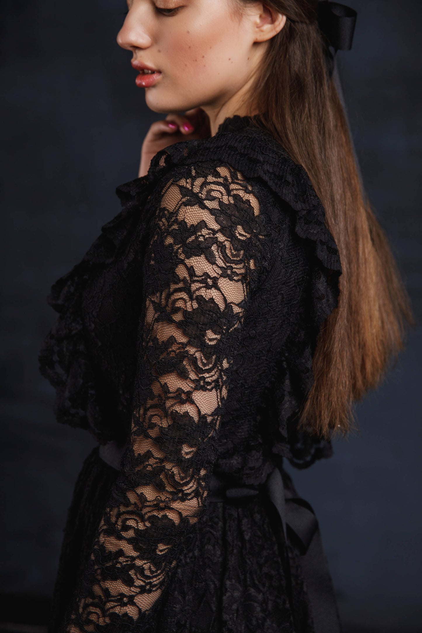 Black lace wedding dress with long sleeves, Gothic wedding dress with fit and flare skirt, Goth bride dress, Alternative wedding dress