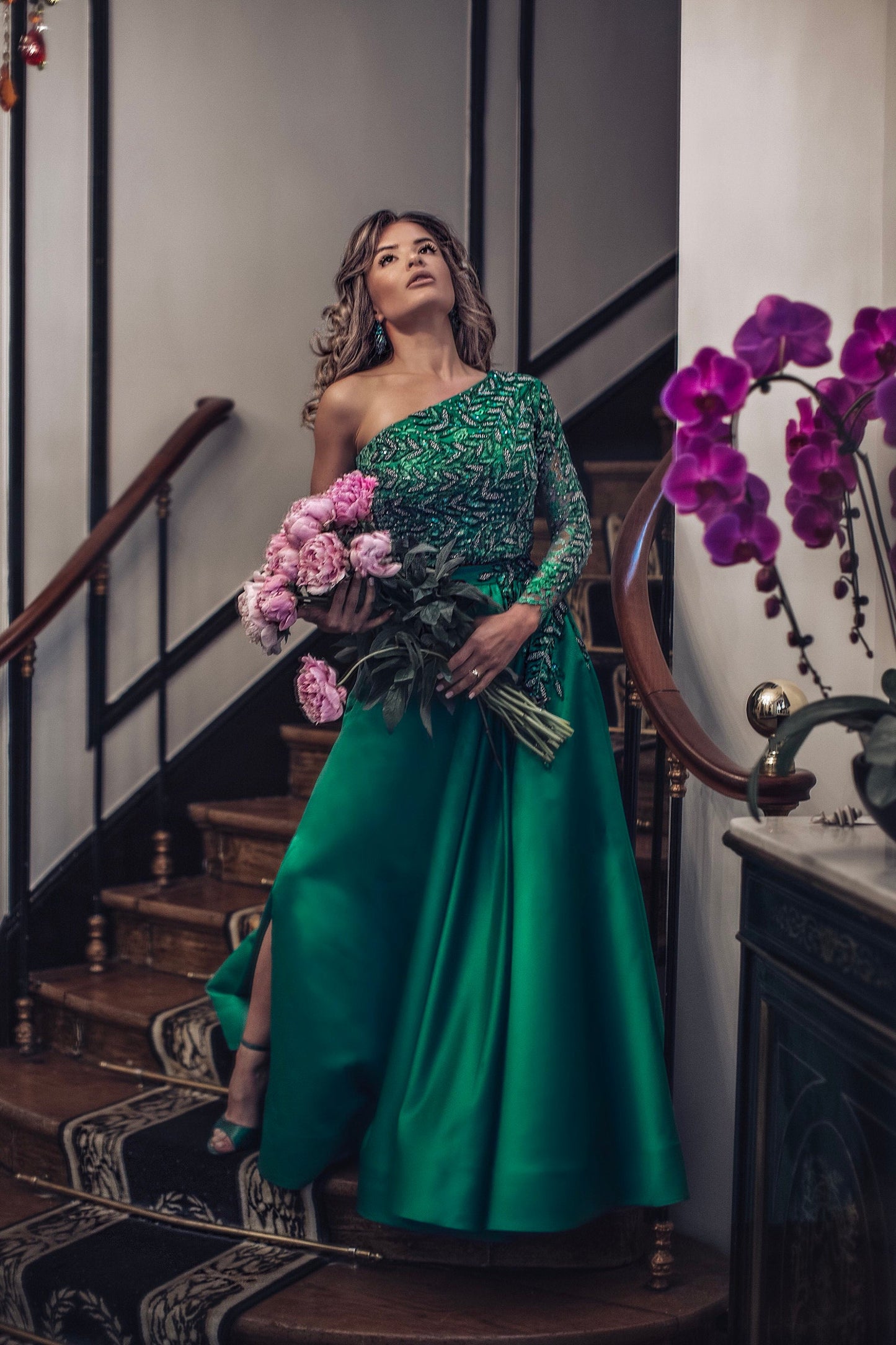Emerald evening Dress / Fit & Flare Prom Dress Long / Custom Embroidered Maxi Dress / One Shoulder evening gown / Maxi Dress with a slit