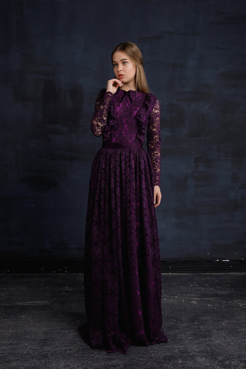 Black lace wedding dress with long sleeves, Gothic wedding dress with fit and flare skirt, Goth bride dress, Alternative wedding dress