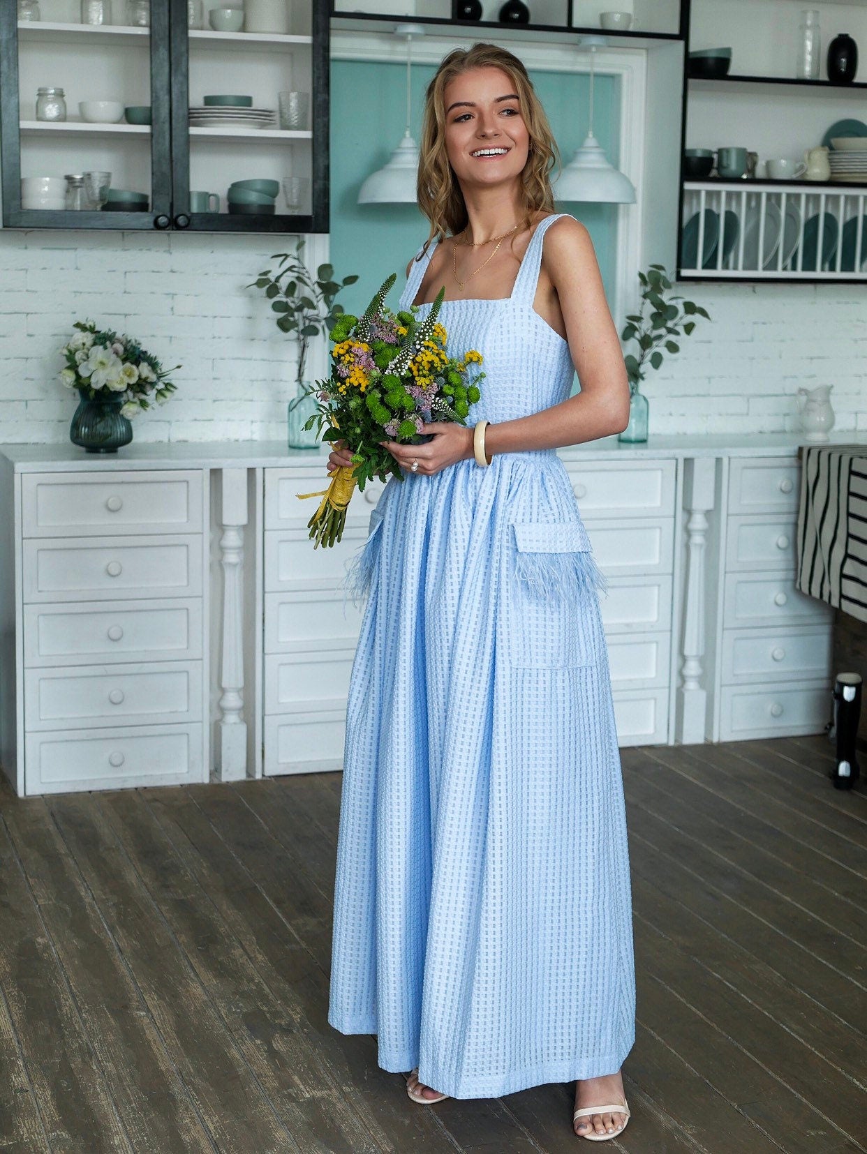 Blue Pinafore dress, apron dress, vintage style dress, ankle length, sleeveless dress, 1950s inspired dress, pockets dress , bridesmaid