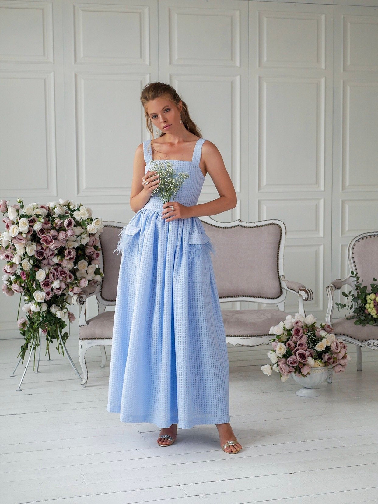 Blue Pinafore dress, apron dress, vintage style dress, ankle length, sleeveless dress, 1950s inspired dress, pockets dress , bridesmaid
