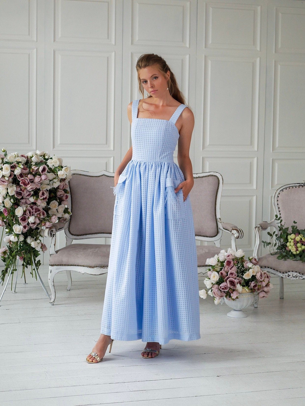 Blue Pinafore dress, apron dress, vintage style dress, ankle length, sleeveless dress, 1950s inspired dress, pockets dress , bridesmaid