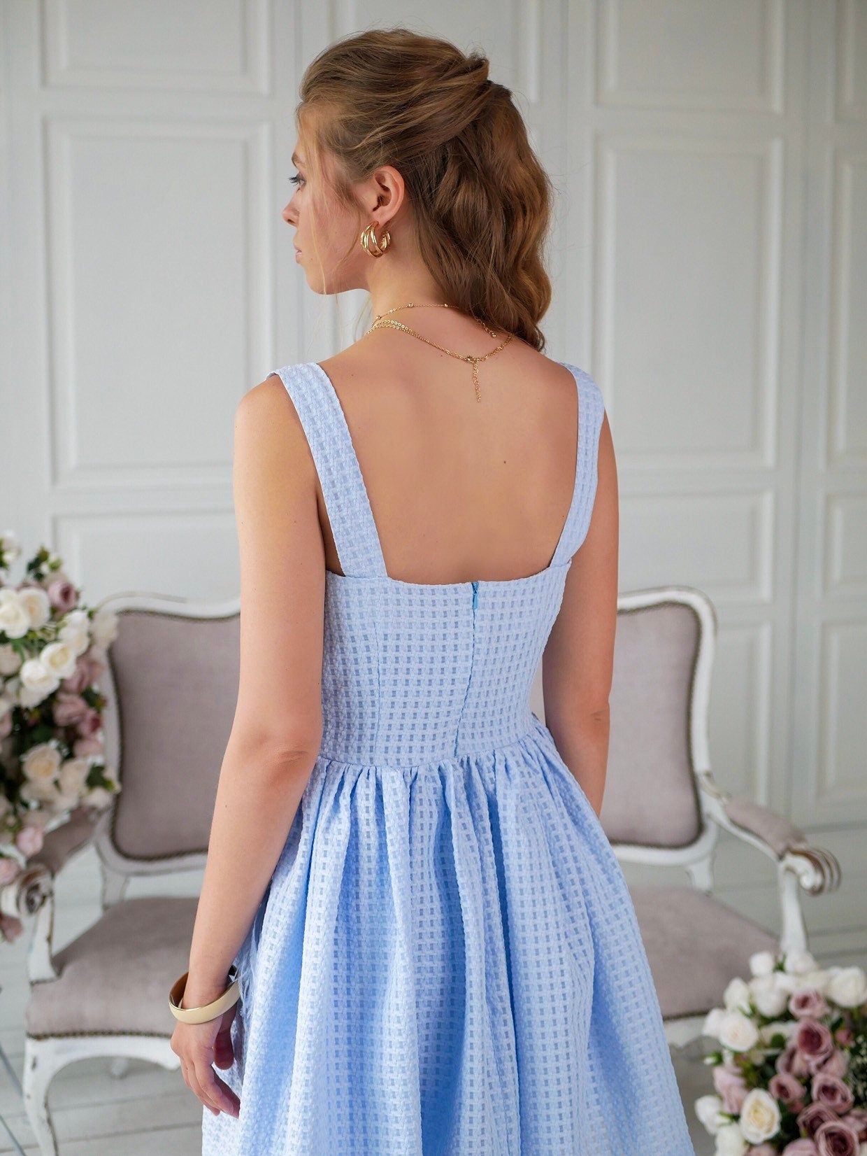 Blue Pinafore dress, apron dress, vintage style dress, ankle length, sleeveless dress, 1950s inspired dress, pockets dress , bridesmaid