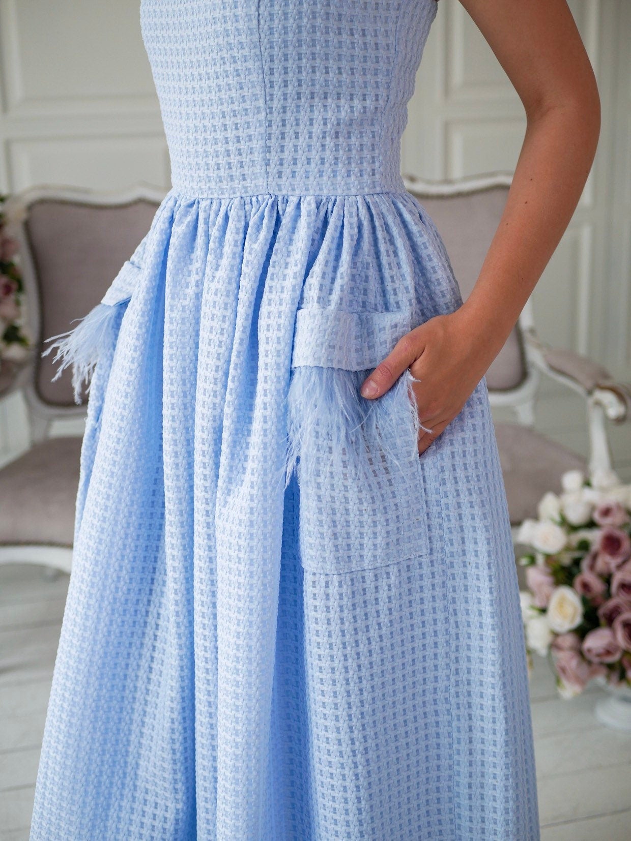 Blue Pinafore dress, apron dress, vintage style dress, ankle length, sleeveless dress, 1950s inspired dress, pockets dress , bridesmaid