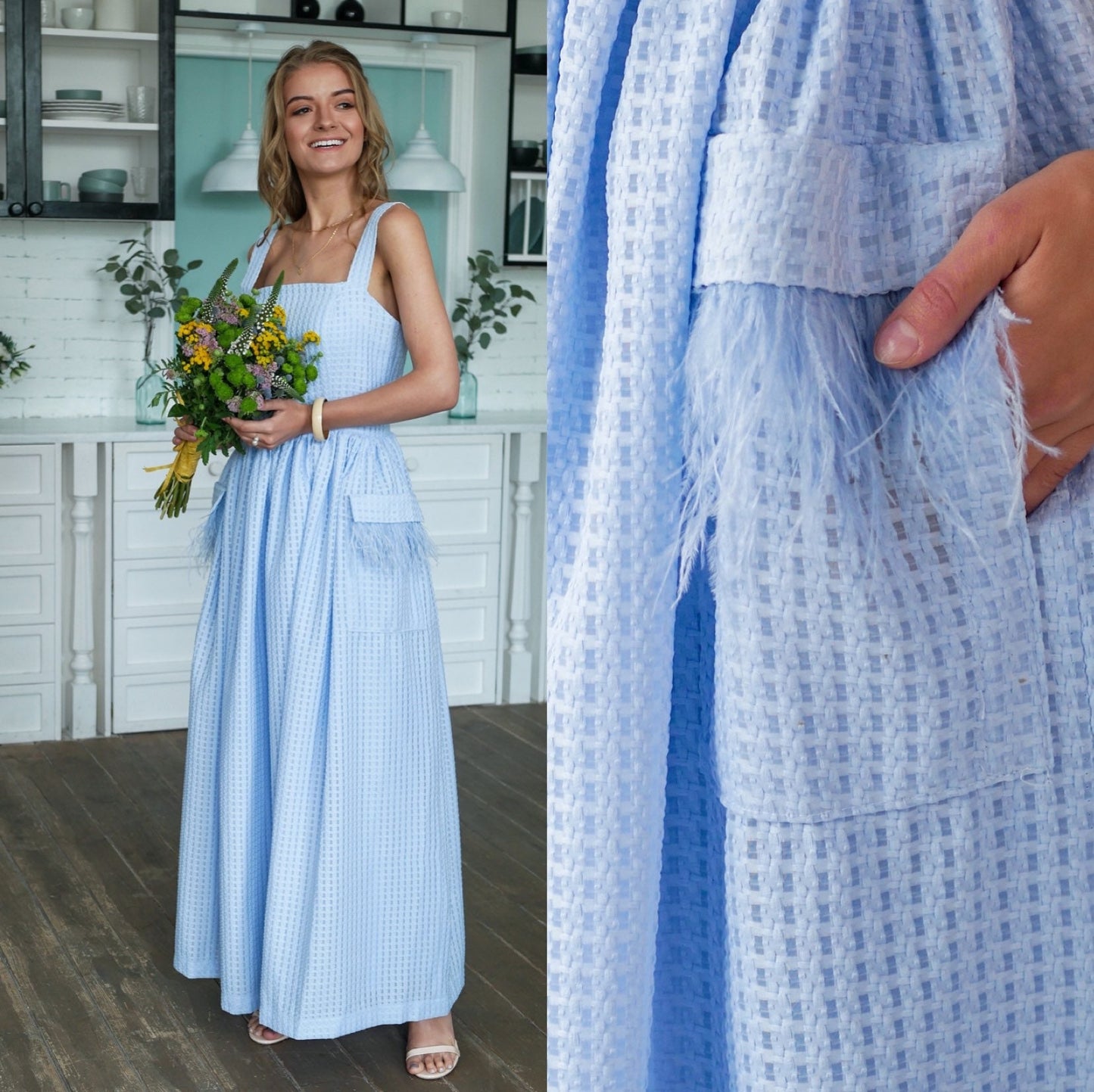 Blue Pinafore dress, apron dress, vintage style dress, ankle length, sleeveless dress, 1950s inspired dress, pockets dress , bridesmaid