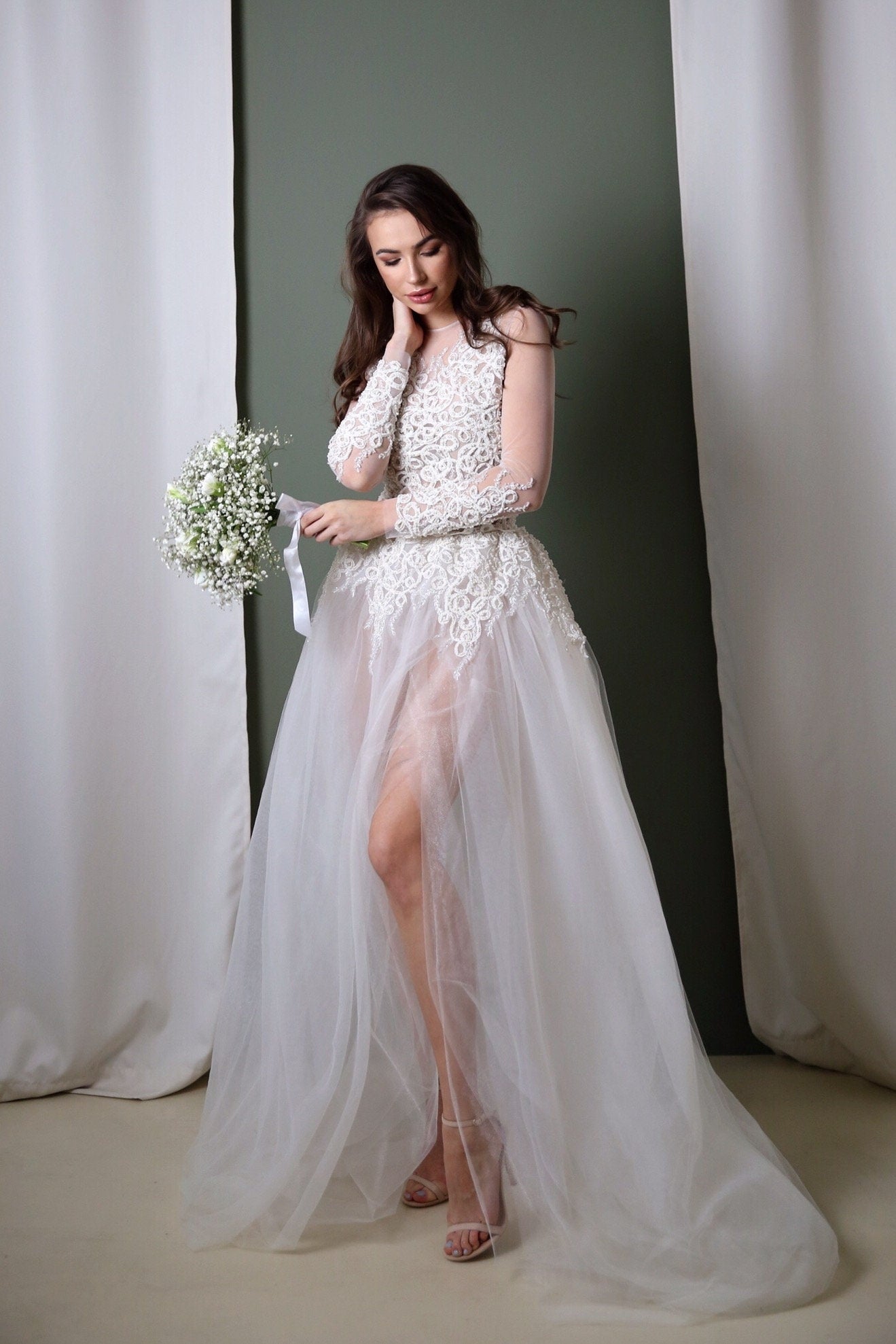 Wedding Bodysuit , Long sleeve bridal jumpsuit, Bridal separates wedding bodysuit with pearls embroidery, tulle wedding dress, boho bodysuit