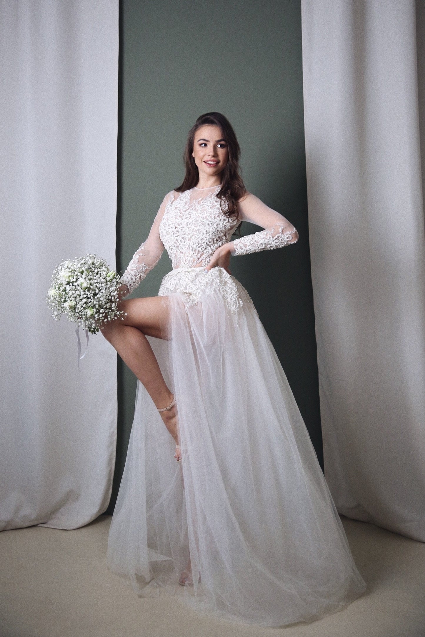 Wedding Bodysuit , Long sleeve bridal jumpsuit, Bridal separates wedding bodysuit with pearls embroidery, tulle wedding dress, boho bodysuit