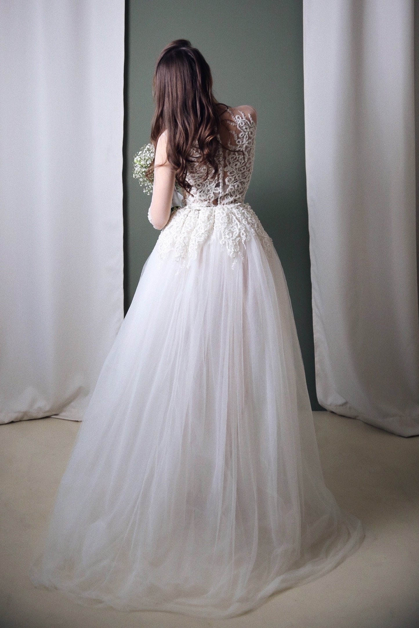 Wedding Bodysuit , Long sleeve bridal jumpsuit, Bridal separates wedding bodysuit with pearls embroidery, tulle wedding dress, boho bodysuit