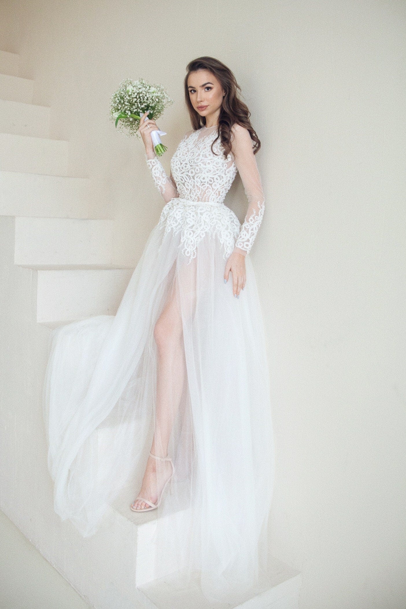 Wedding Bodysuit , Long sleeve bridal jumpsuit, Bridal separates wedding bodysuit with pearls embroidery, tulle wedding dress, boho bodysuit