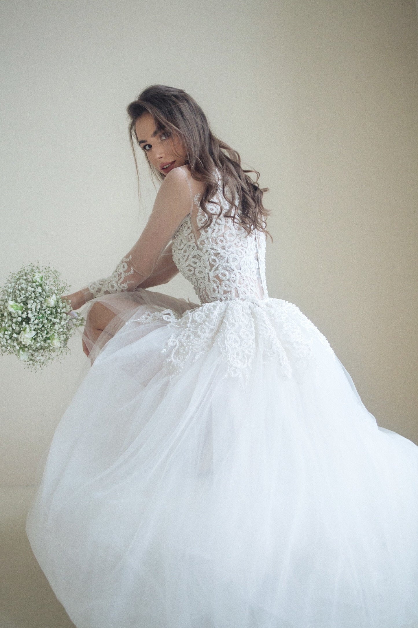 Wedding Bodysuit , Long sleeve bridal jumpsuit, Bridal separates wedding bodysuit with pearls embroidery, tulle wedding dress, boho bodysuit