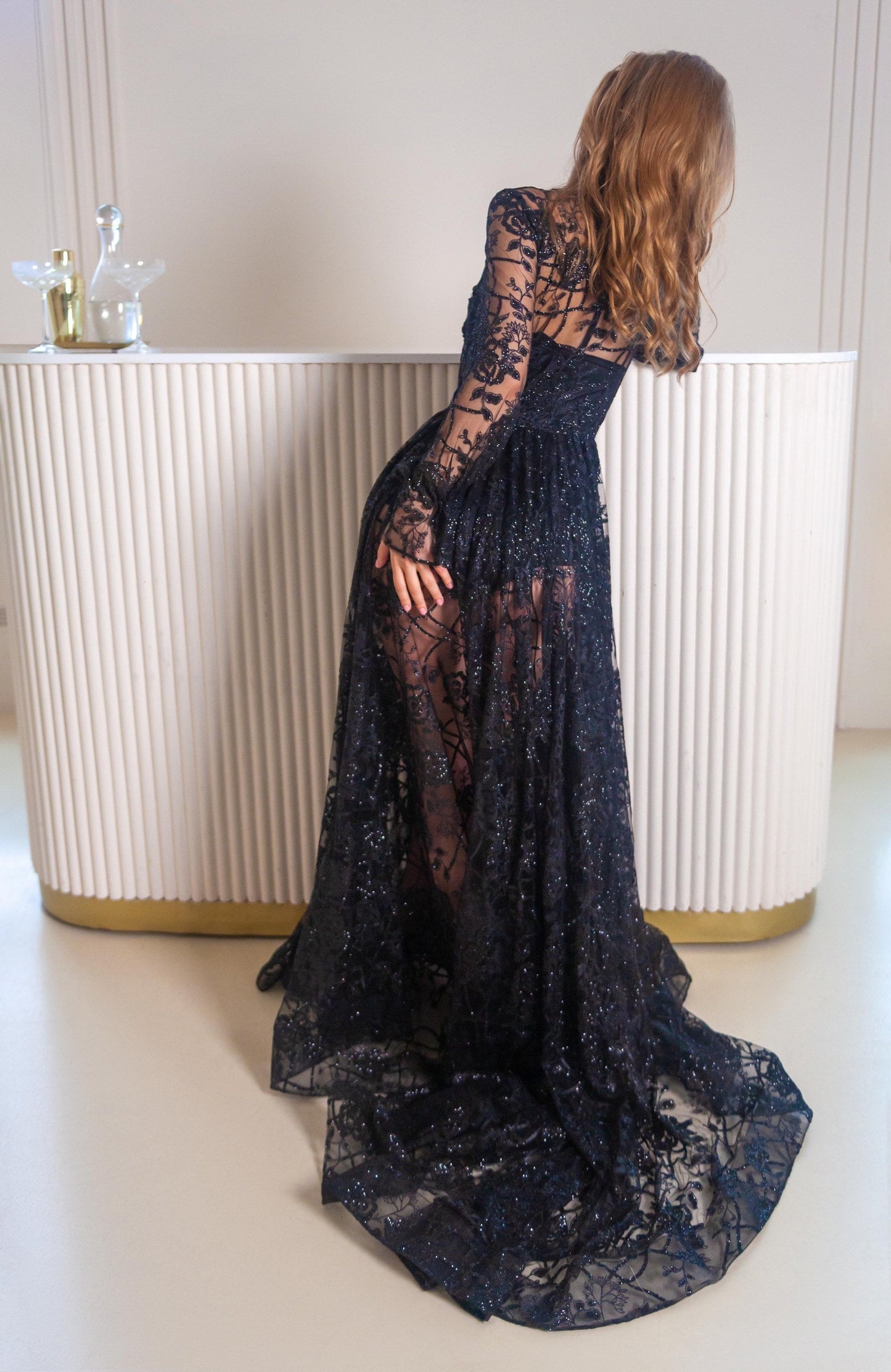Black wedding dress, Gothic wedding dress, Goth bride dress, Black boho dress with long sleeves and dramatic long train.