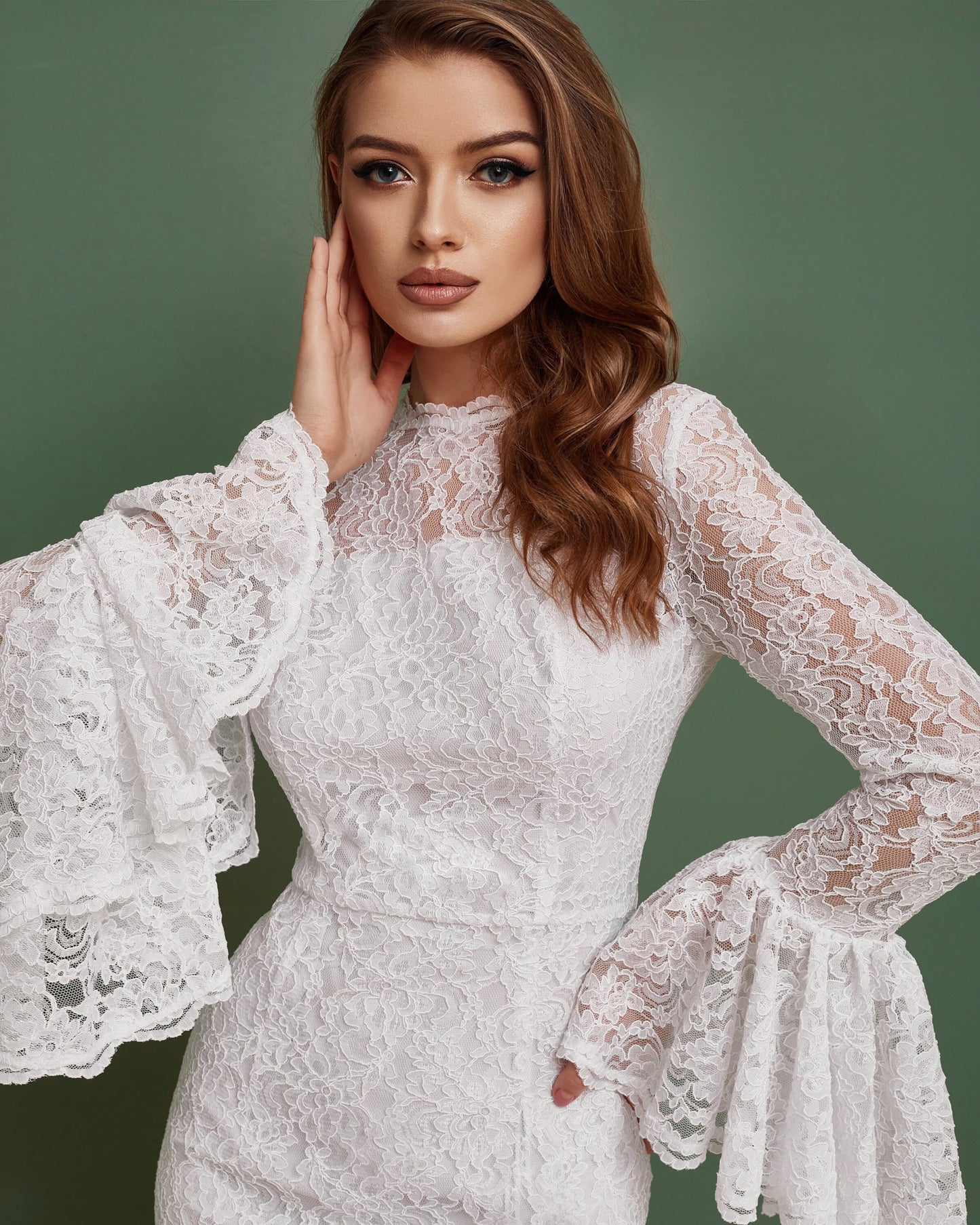 Simple wedding dress with long sleeves, Mermaid boho wedding dress modest, Lace wedding dress with train, Bell sleeves wedding gown