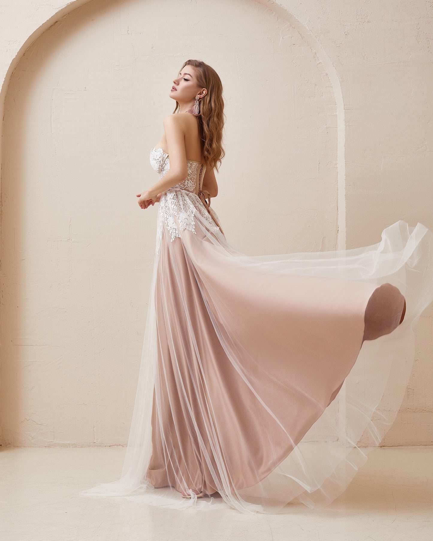 Beige Wedding dress, Boho Tan Wedding dress, Nude corset wedding gown, White Lace wedding dress, Fit and flare tulle dress for bride