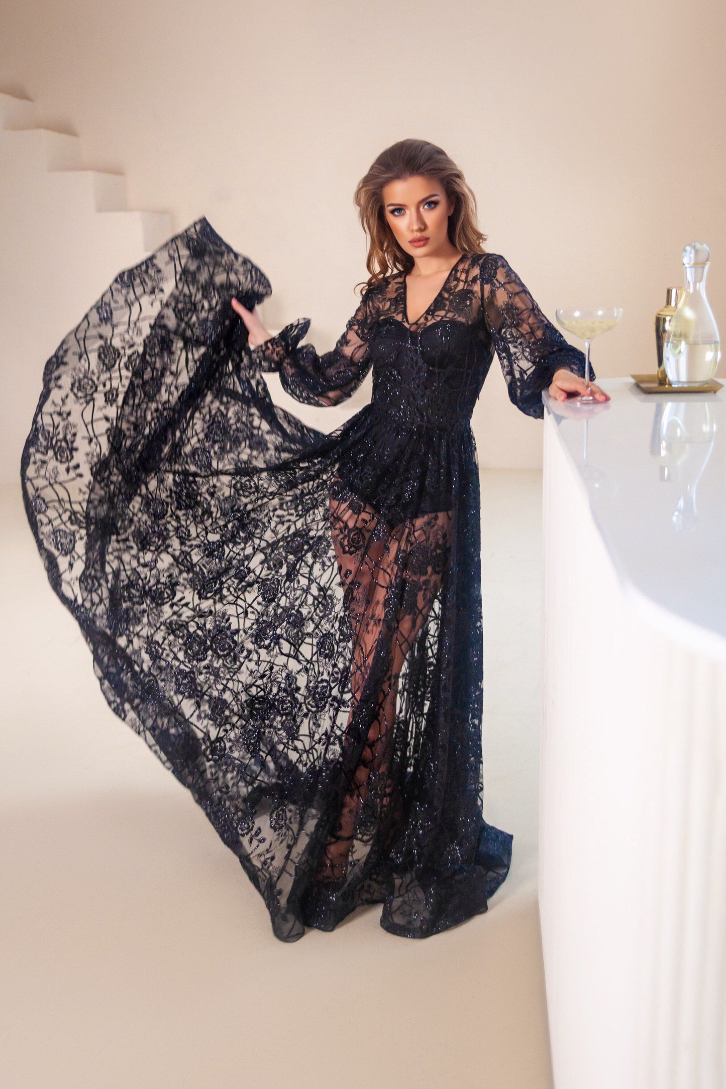 Black wedding dress, Gothic wedding dress, Goth bride dress, Black boho dress with long sleeves and dramatic long train.