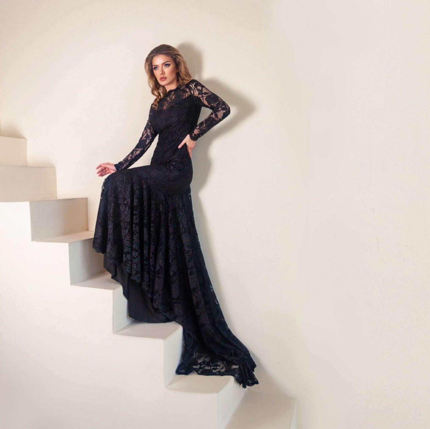 Black wedding dress, made from lace. Gothic wedding dress has long sleeves and dramatic train. Mermaid silhouette, tight fit.
Perfect for alternative wedding or for prom