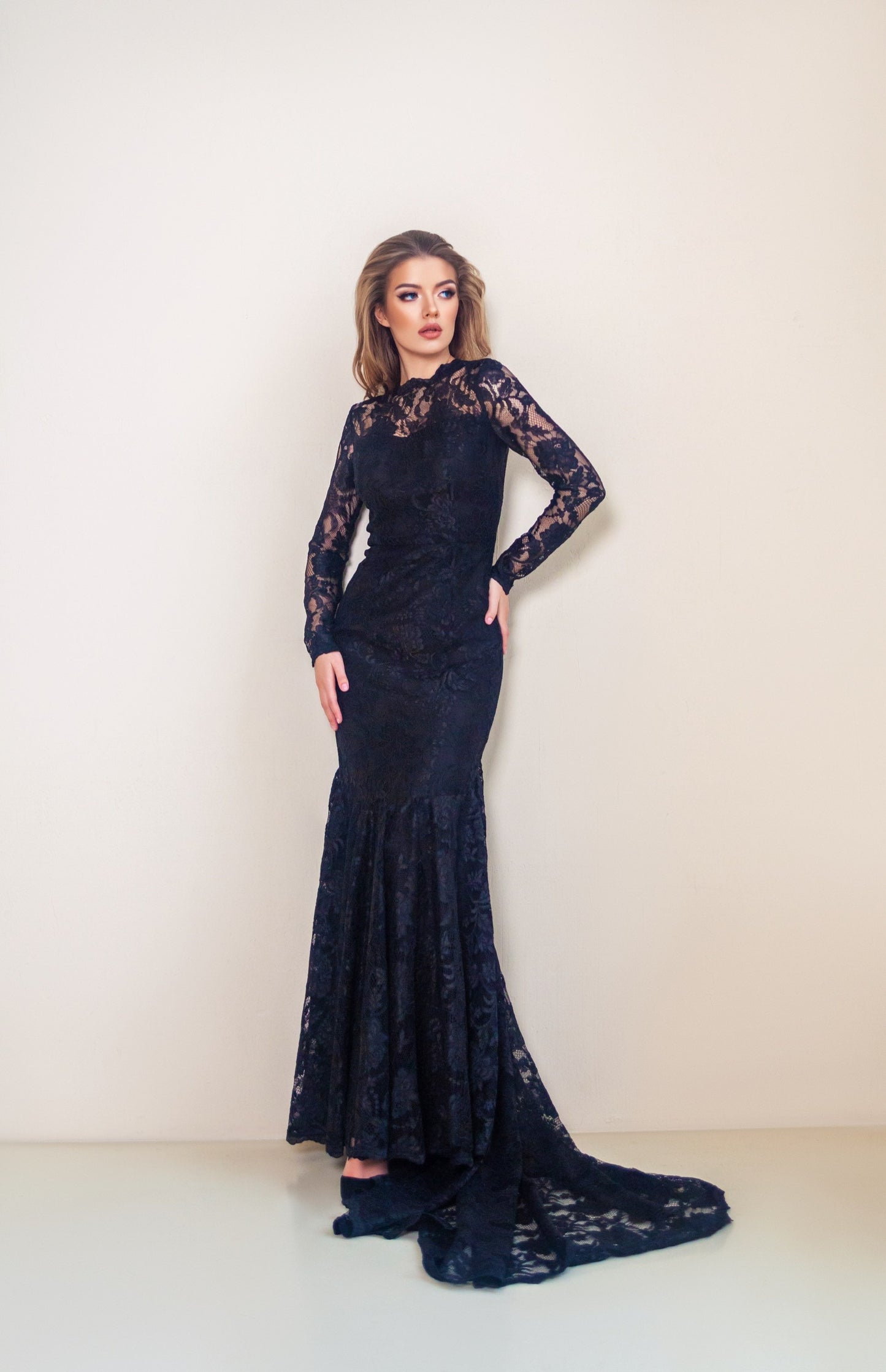 Black Wedding Dress, Goth wedding dress, Mermaid dress, Black lace dress long sleeves, Minimal lace dress