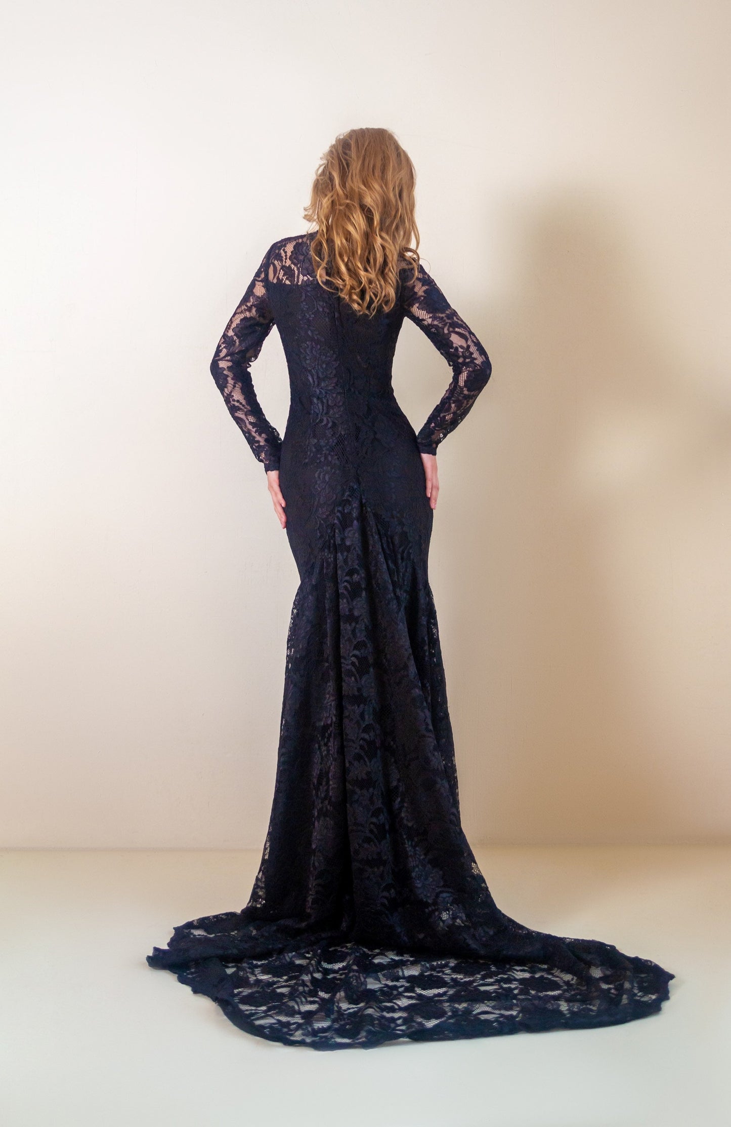 Black Wedding Dress, Goth wedding dress, Mermaid dress, Black lace dress long sleeves, Minimal lace dress