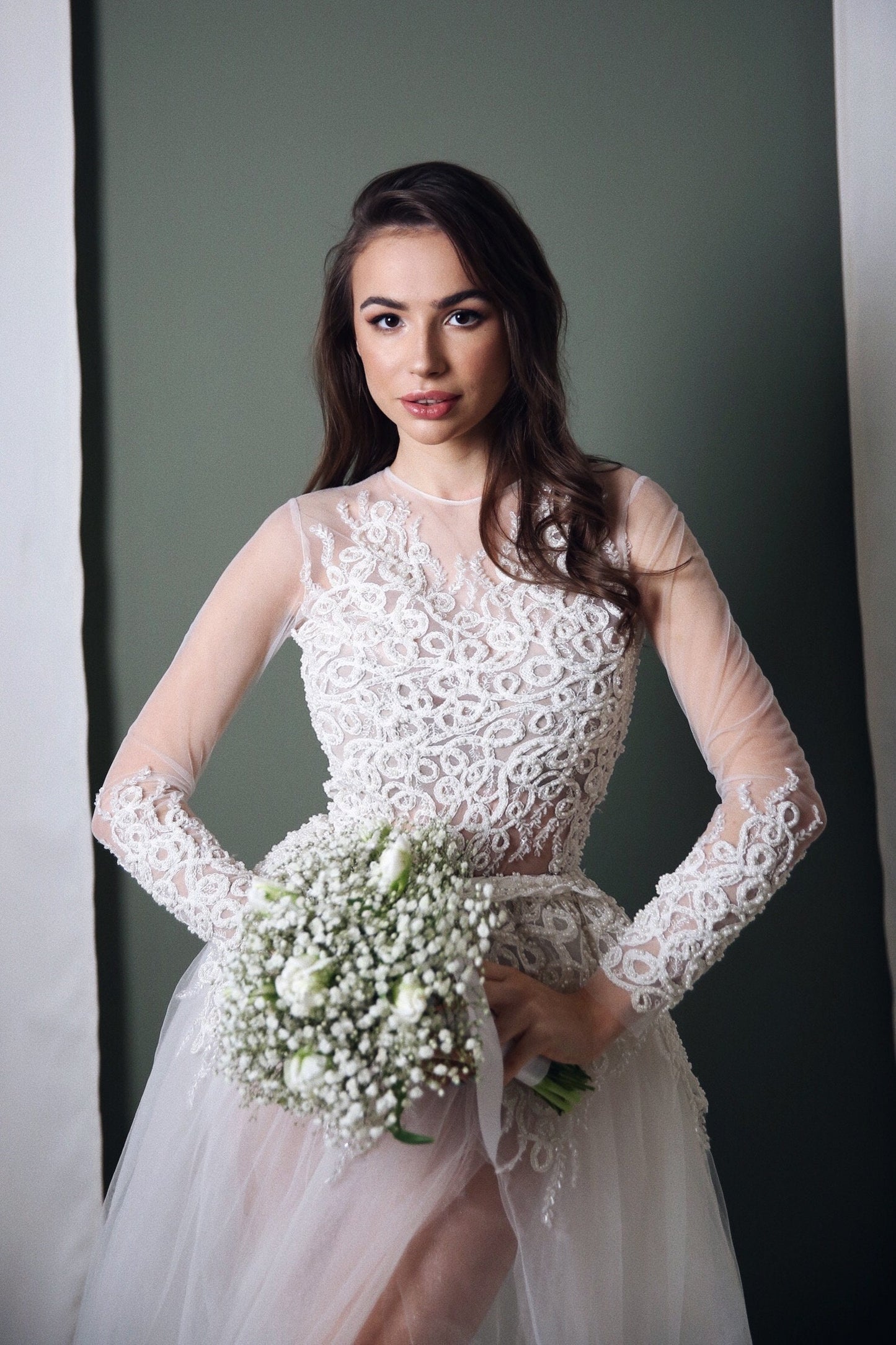 Wedding Bodysuit , Long sleeve bridal jumpsuit, Bridal separates wedding bodysuit with pearls embroidery, tulle wedding dress, boho bodysuit