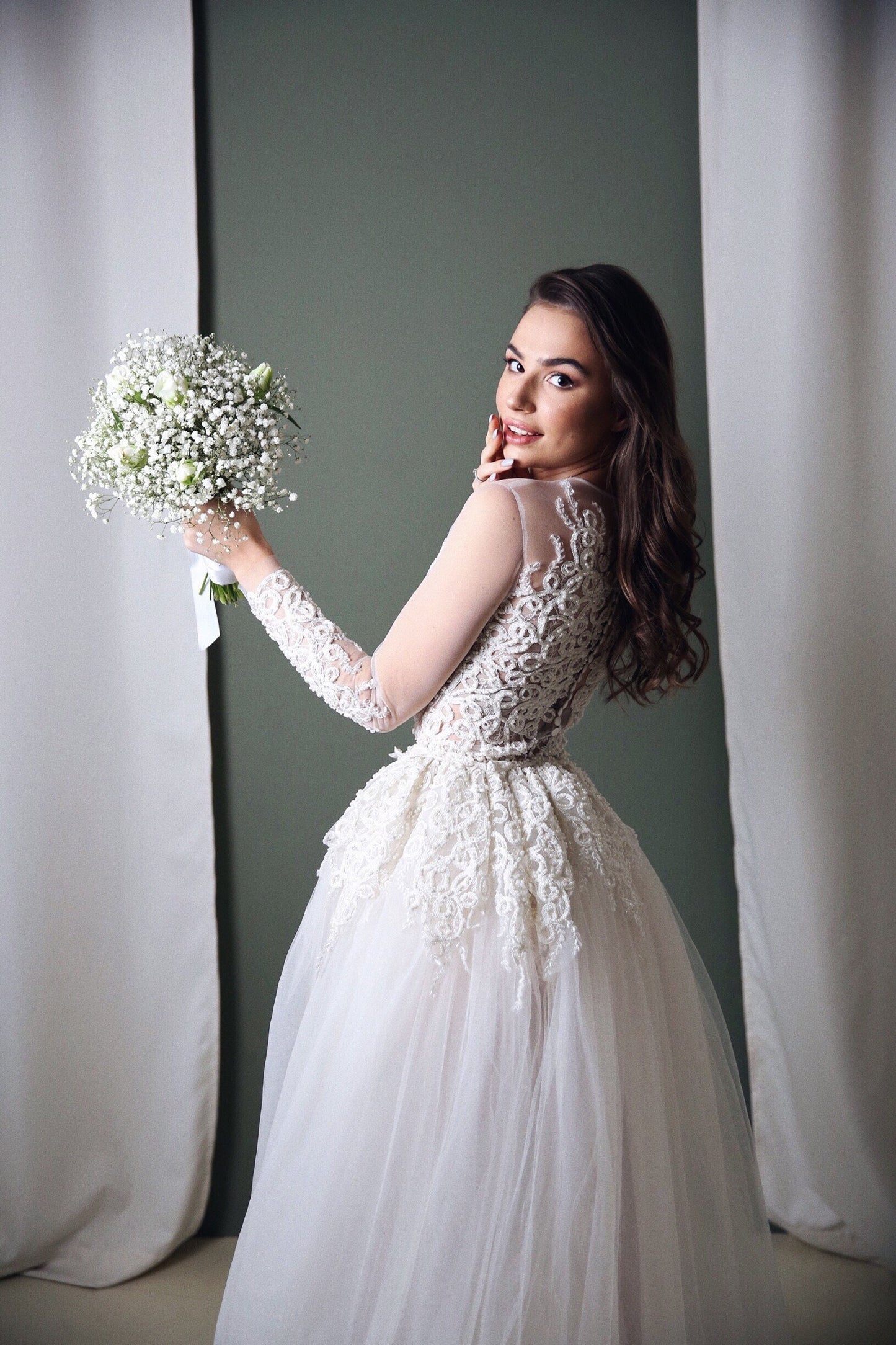 Wedding Bodysuit , Long sleeve bridal jumpsuit, Bridal separates wedding bodysuit with pearls embroidery, tulle wedding dress, boho bodysuit