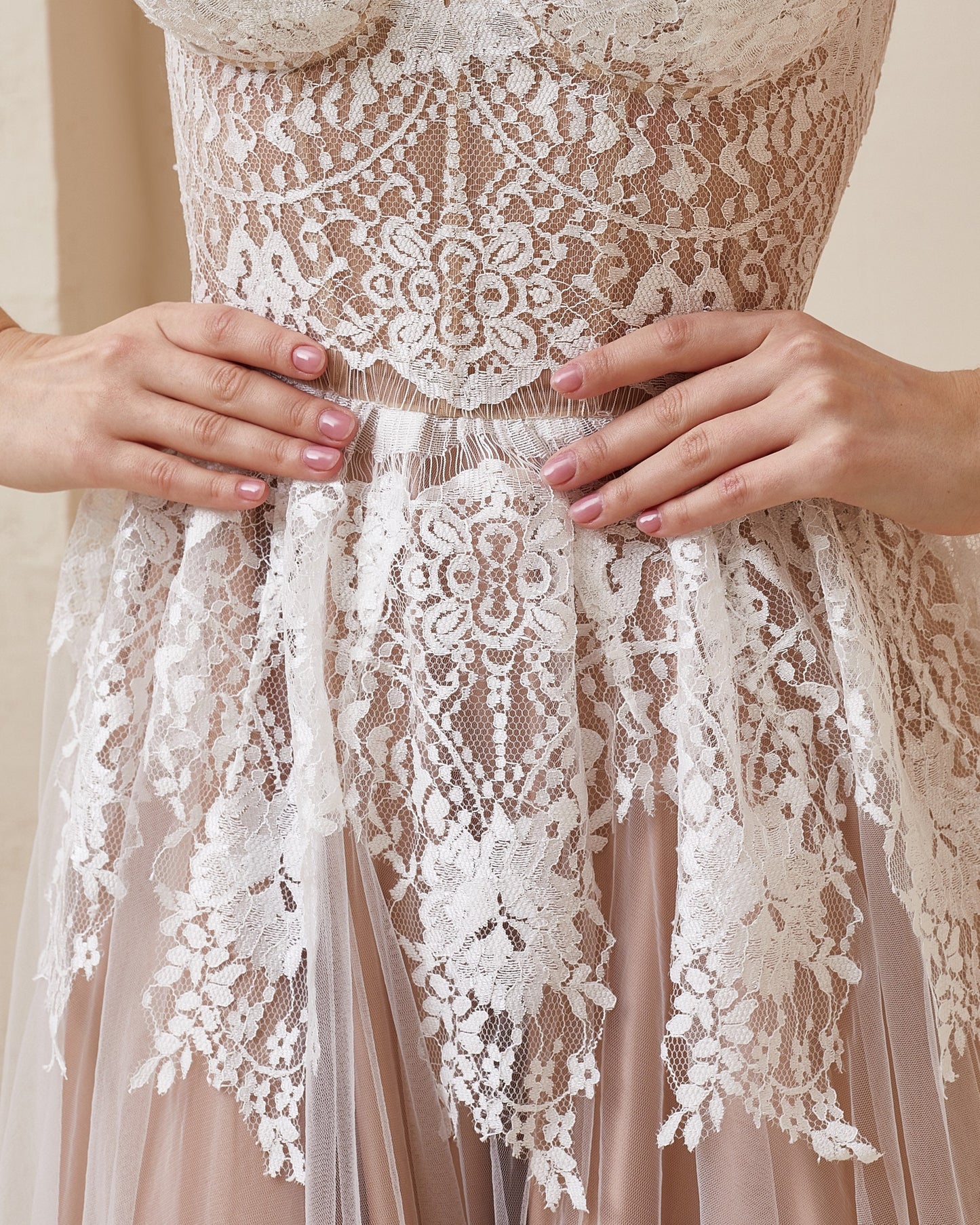 Beige Wedding dress, Boho Tan Wedding dress, Nude corset wedding gown, White Lace wedding dress, Fit and flare tulle dress for bride