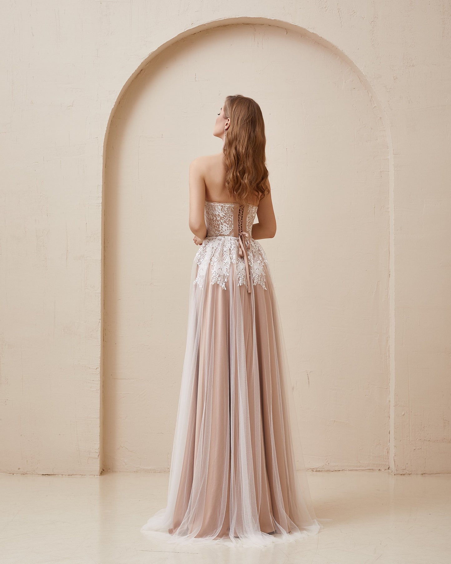 Beige Wedding dress, Boho Tan Wedding dress, Nude corset wedding gown, White Lace wedding dress, Fit and flare tulle dress for bride