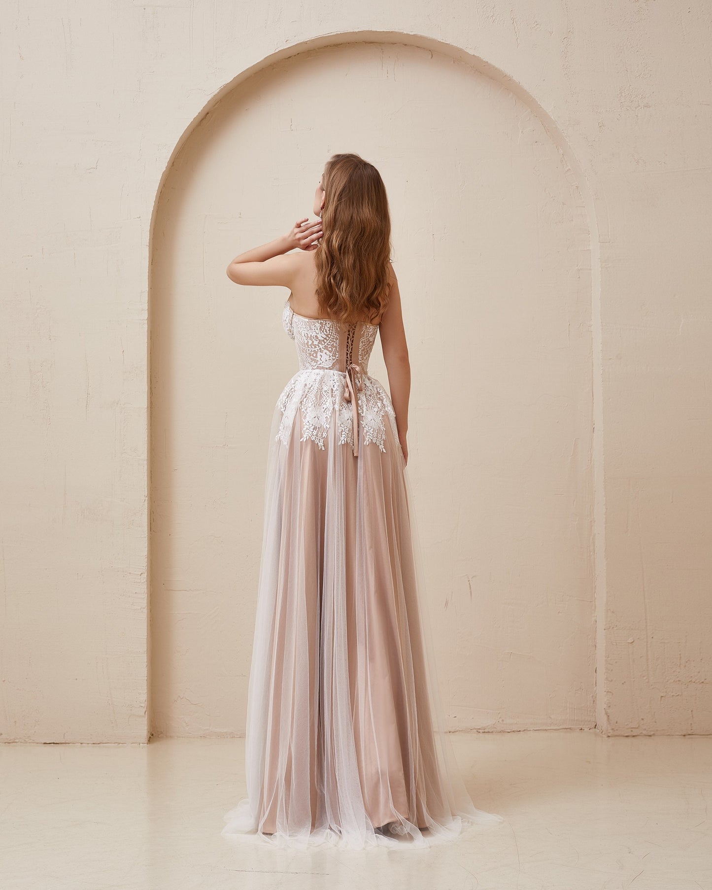 Beige Wedding dress, Boho Tan Wedding dress, Nude corset wedding gown, White Lace wedding dress, Fit and flare tulle dress for bride
