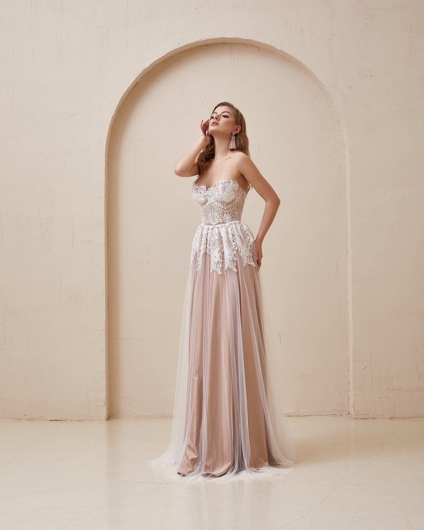 Beige Wedding dress, Boho Tan Wedding dress, Nude corset wedding gown, White Lace wedding dress, Fit and flare tulle dress for bride