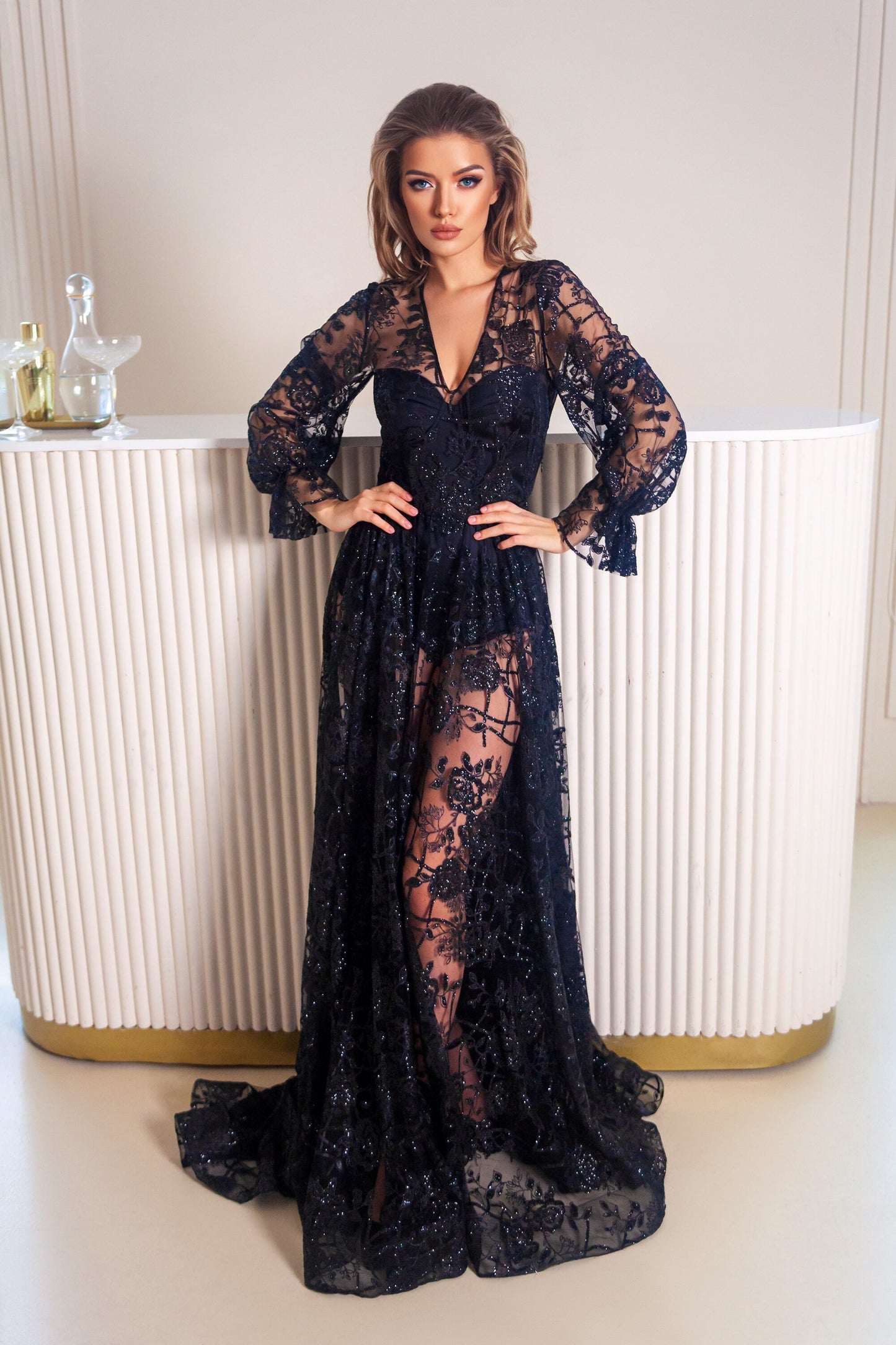 Black wedding dress, Gothic wedding dress, Goth bride dress, Black boho dress with long sleeves and dramatic long train.