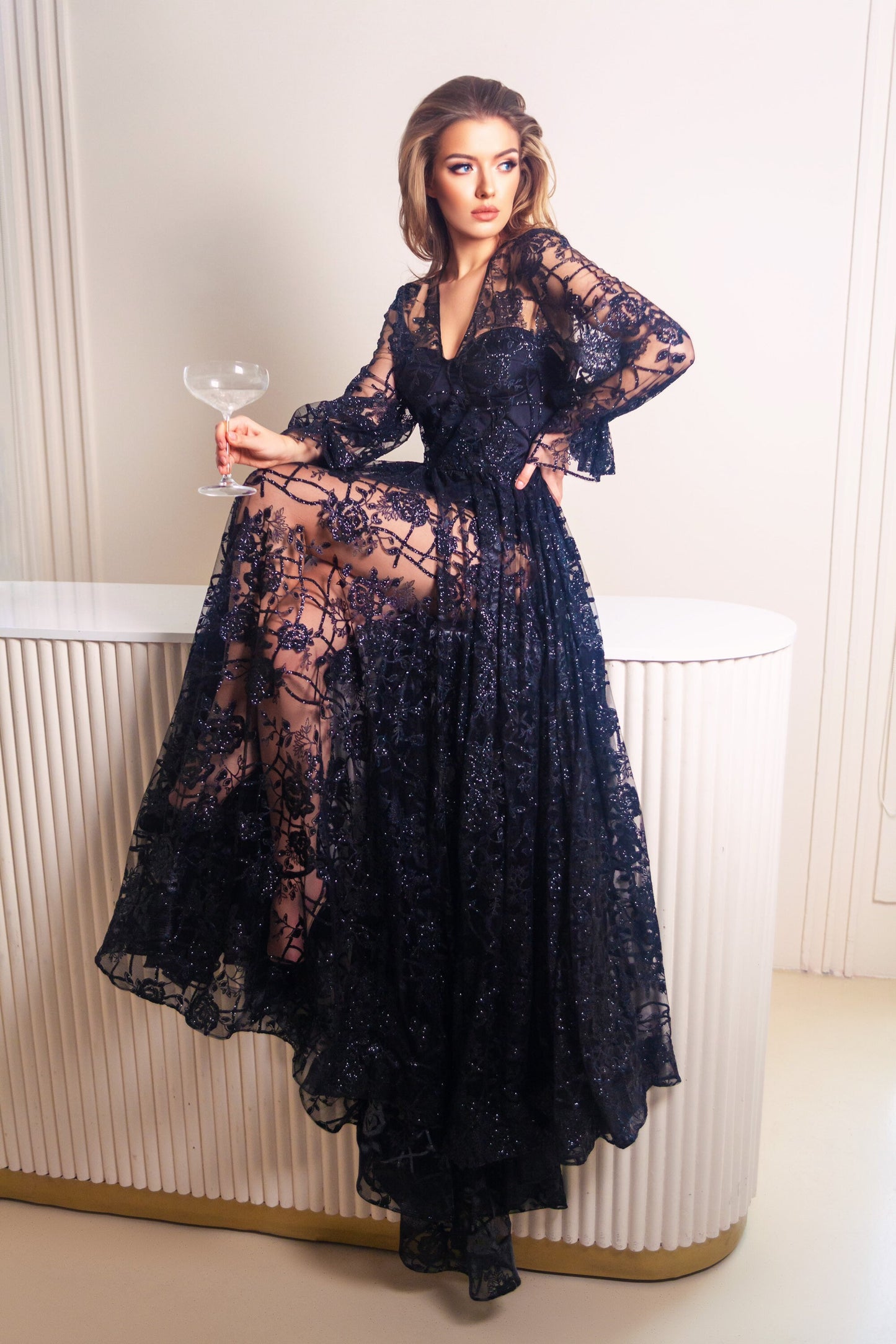 Black wedding dress, Gothic wedding dress, Goth bride dress, Black boho dress with long sleeves and dramatic long train.