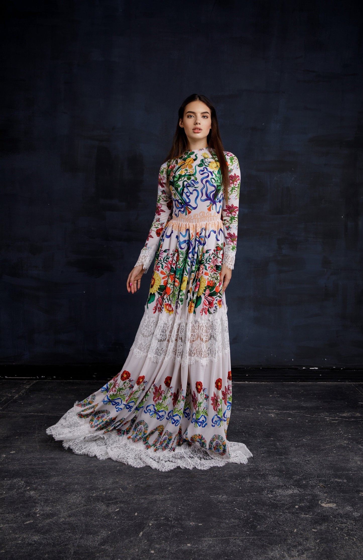 White Floral Sequin Bridesmaid Pinafore Embroidered Dress / Silk Romantic Floor Length Long Sleeve Dress / Rustic Boho Chic Evening Gown