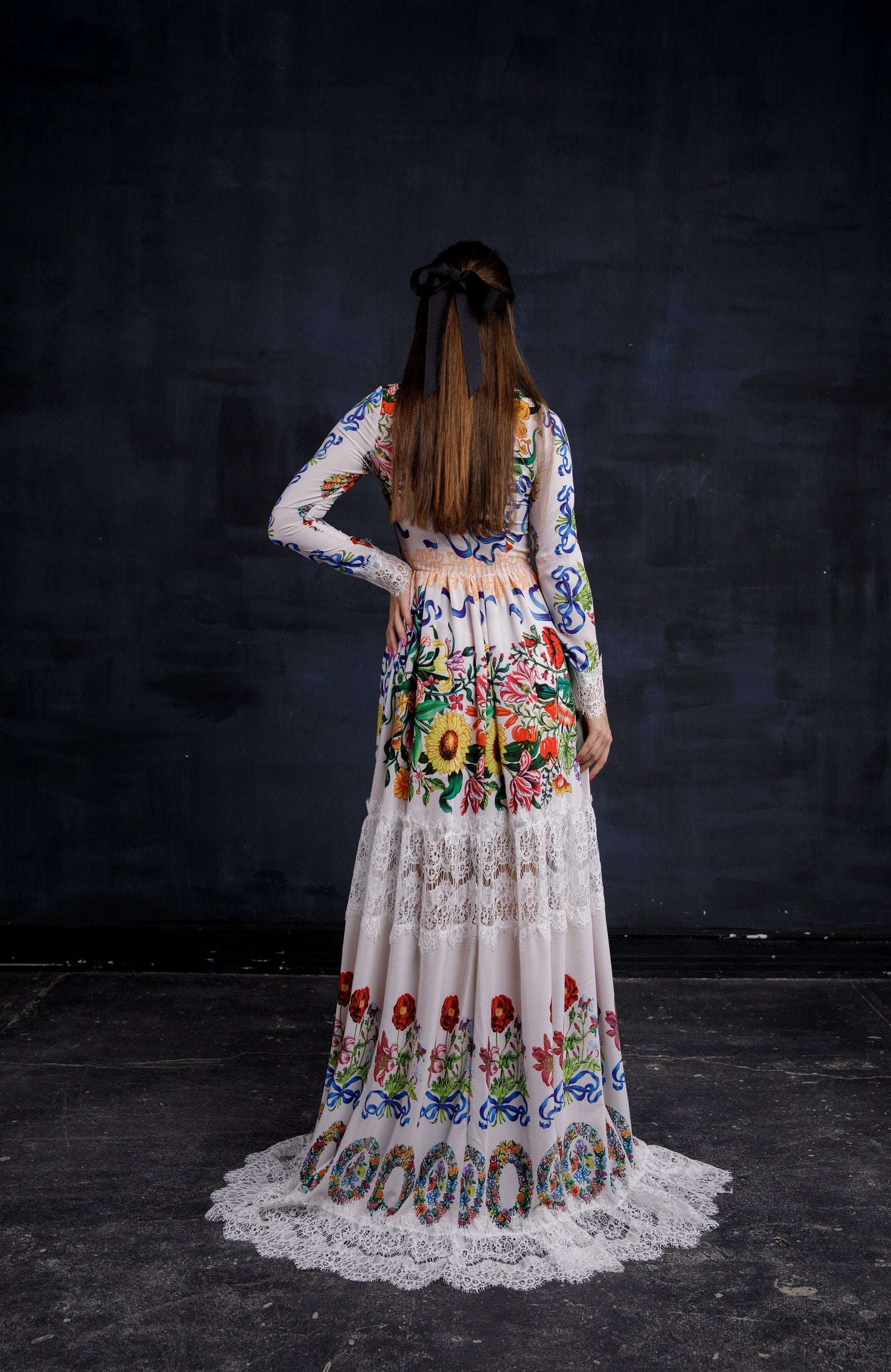 White Floral Sequin Bridesmaid Pinafore Embroidered Dress / Silk Romantic Floor Length Long Sleeve Dress / Rustic Boho Chic Evening Gown