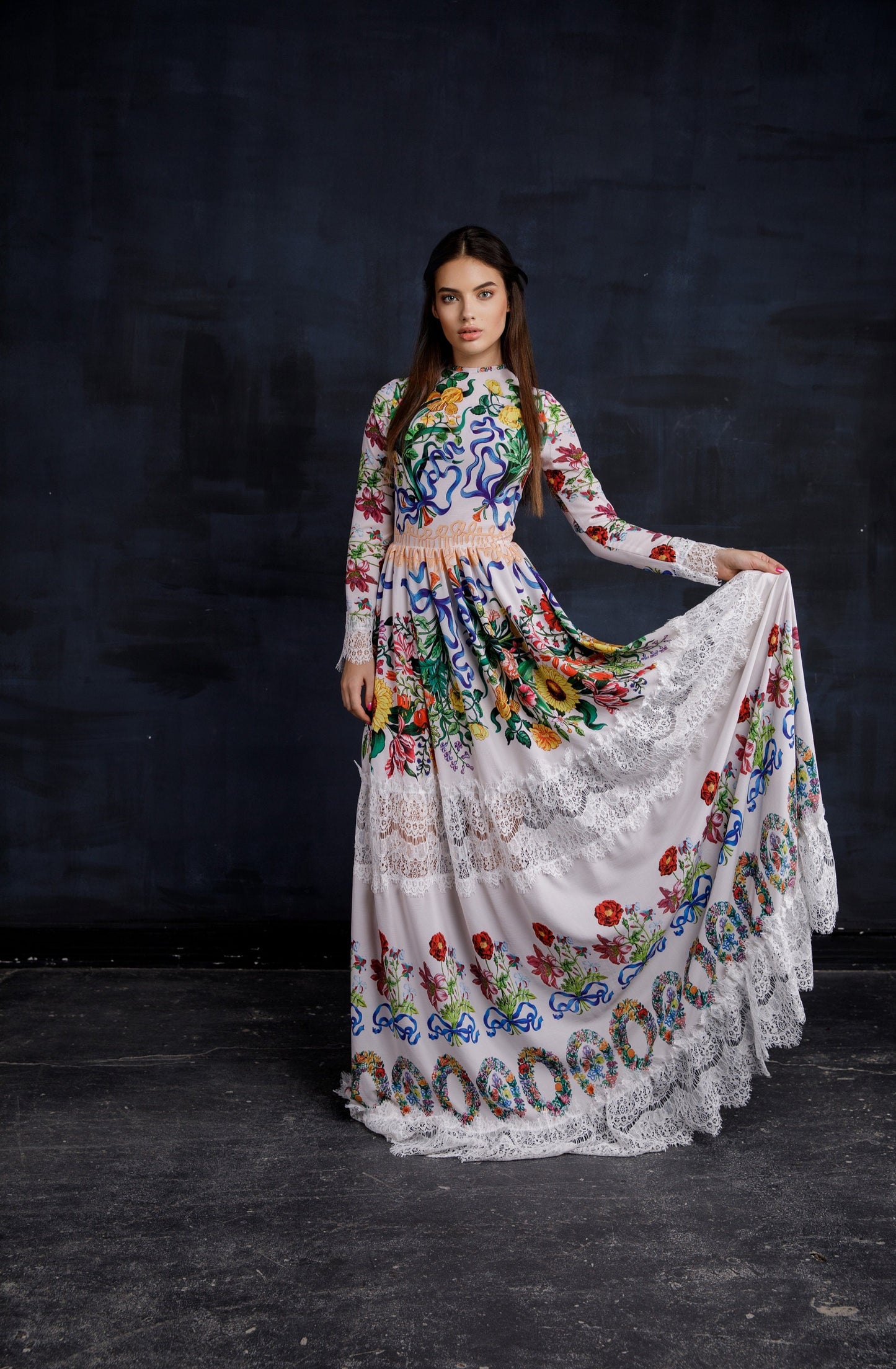 White Floral Sequin Bridesmaid Pinafore Embroidered Dress / Silk Romantic Floor Length Long Sleeve Dress / Rustic Boho Chic Evening Gown