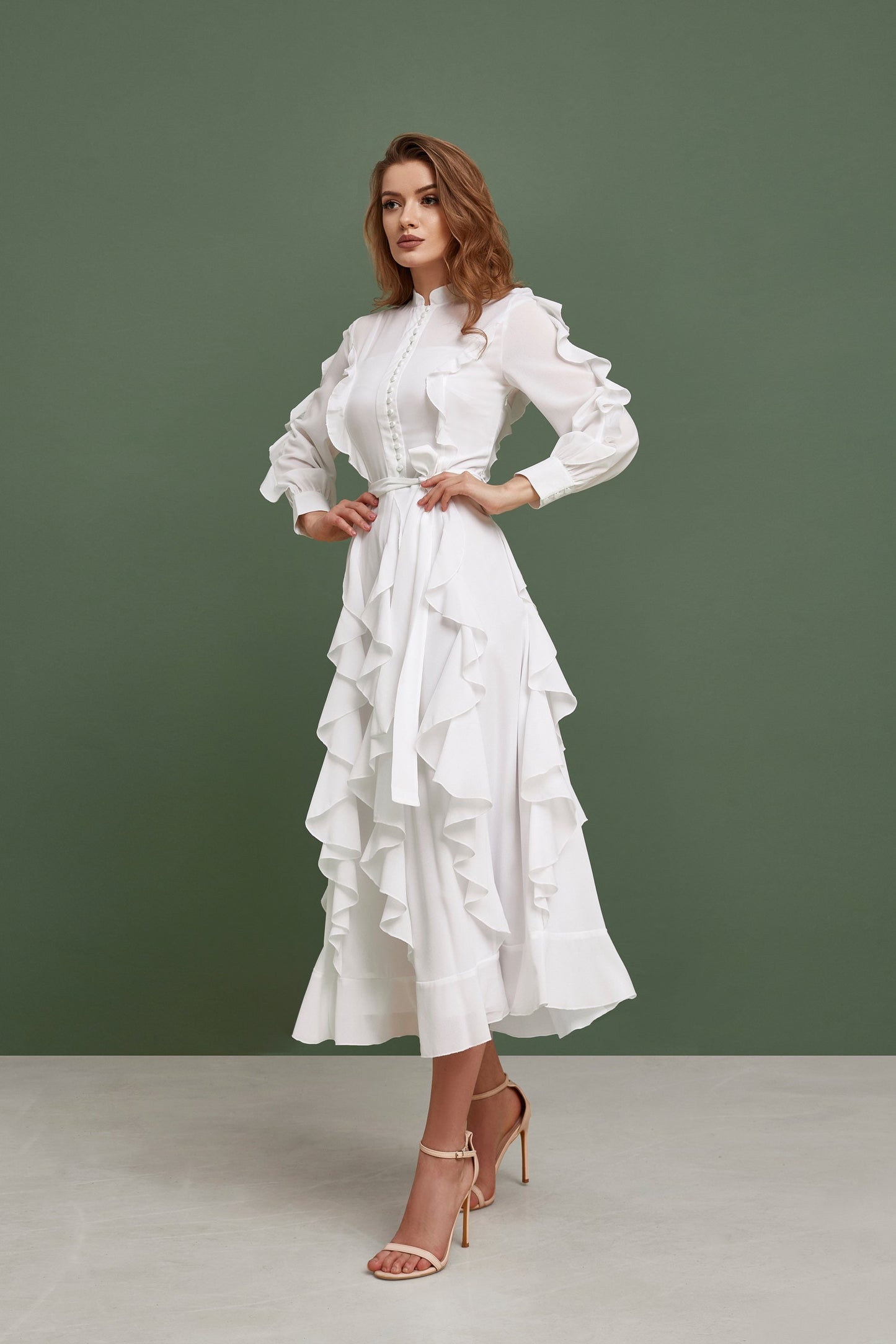 Simple wedding dress, chiffon wedding dress, Buttoned up ankle length with long sleeves and ruffled skirt dress, Gune Sax wedding gown