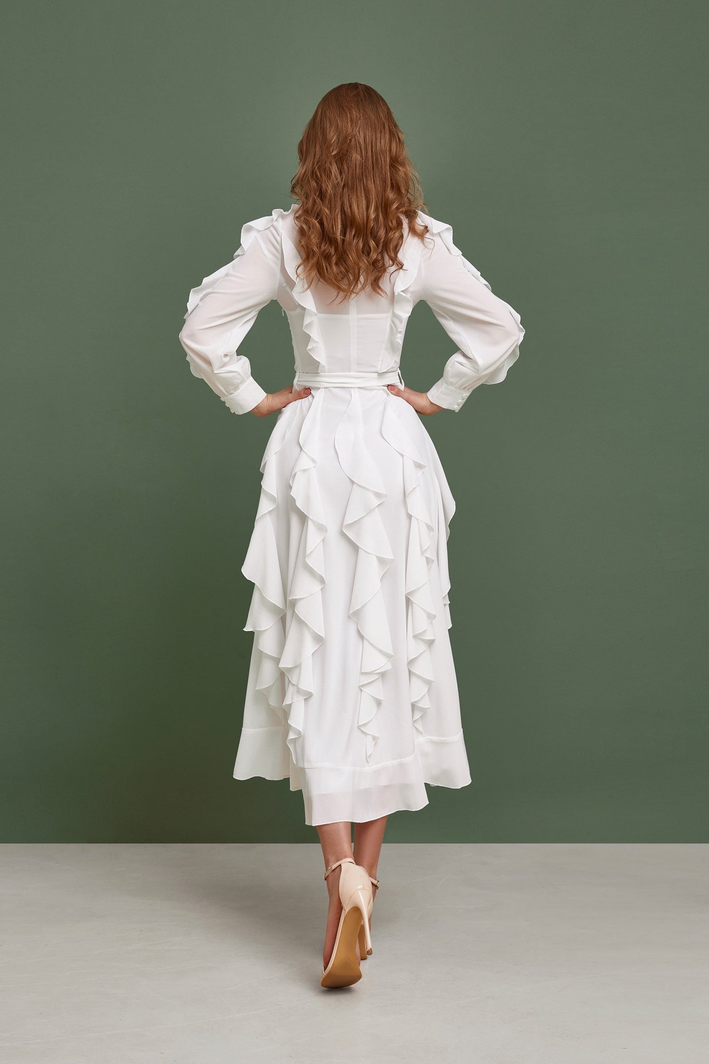 Simple wedding dress, chiffon wedding dress, Buttoned up ankle length with long sleeves and ruffled skirt dress, Gune Sax wedding gown