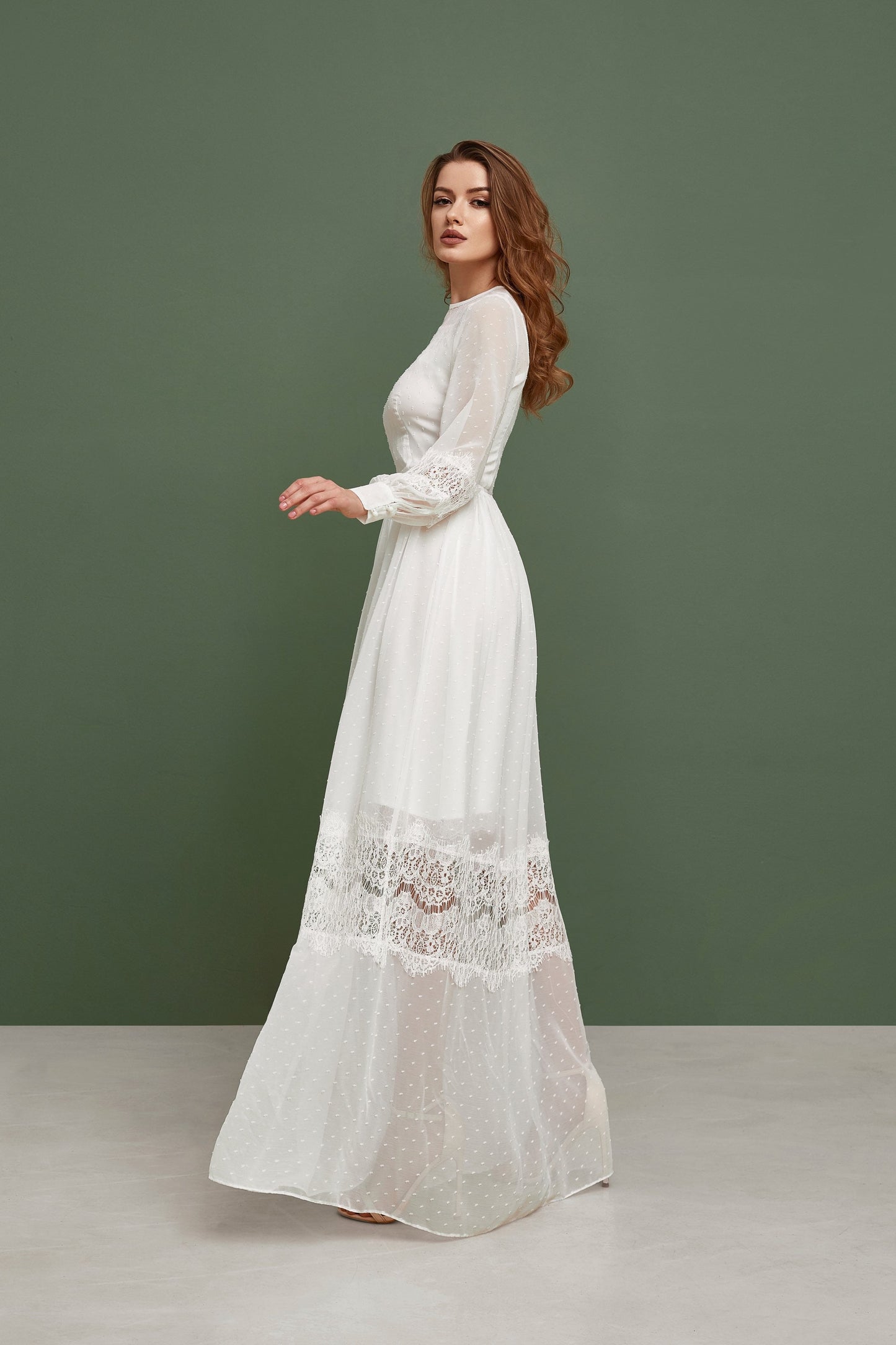 Simple wedding dress with long sleeves, polka dot wedding dress, rustic wedding gown, modest wedding gown
