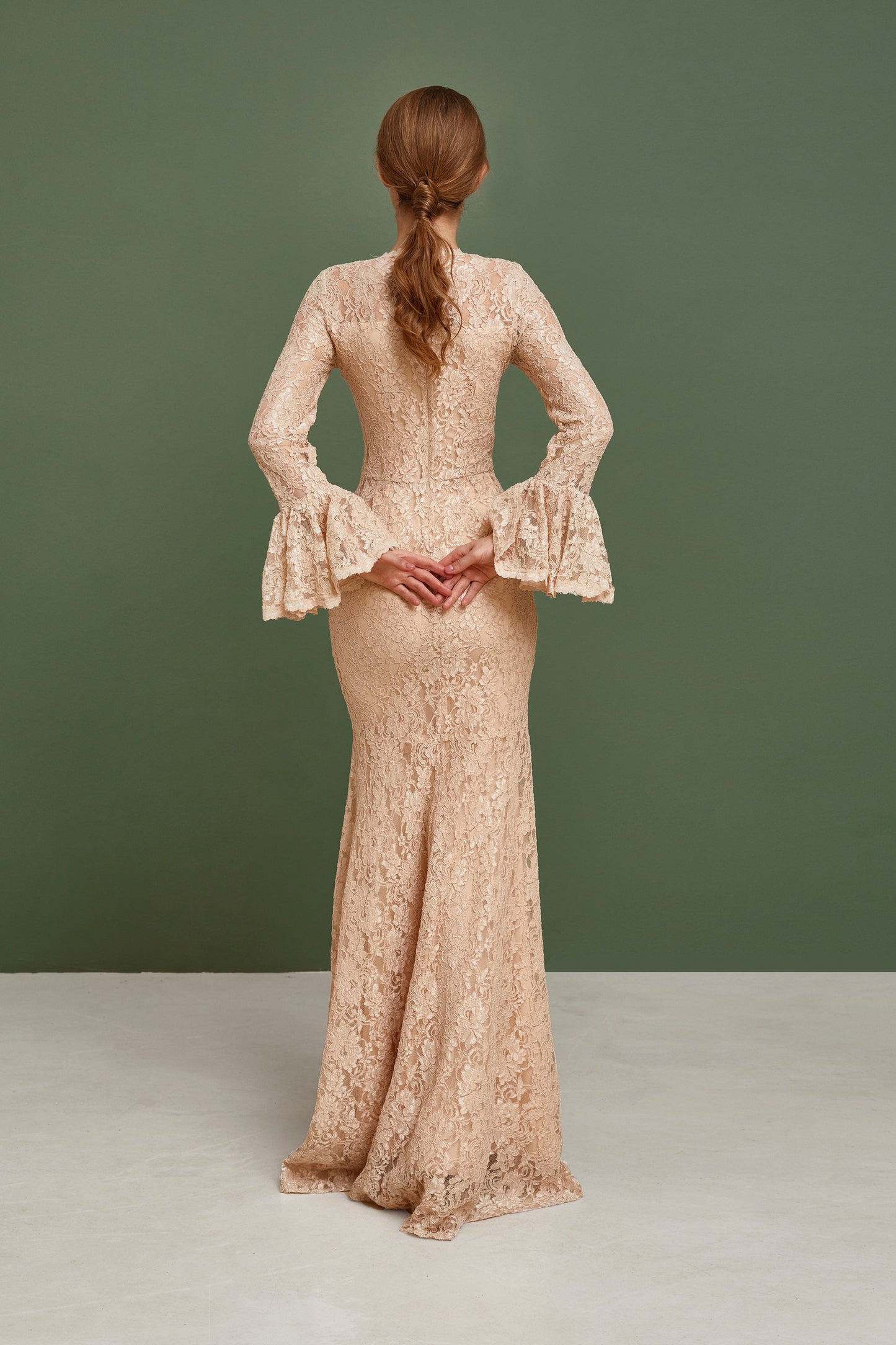 Beige bridesmaid dress with long bell sleeves, Wedding guest dress, nude bride gown, lace homecoming dress, Bohemian wedding dress
