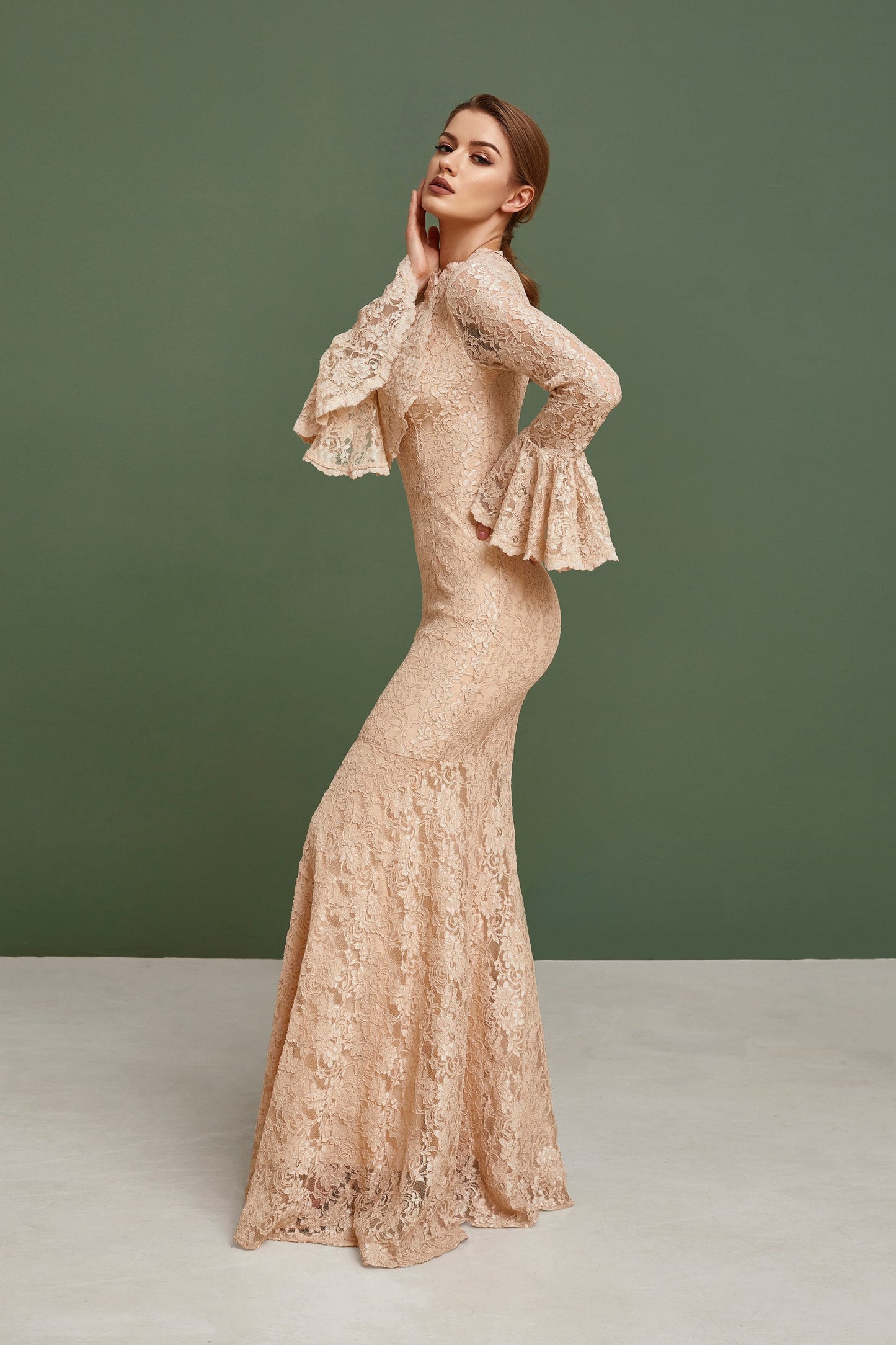 Beige bridesmaid dress with long bell sleeves, Wedding guest dress, nude bride gown, lace homecoming dress, Bohemian wedding dress