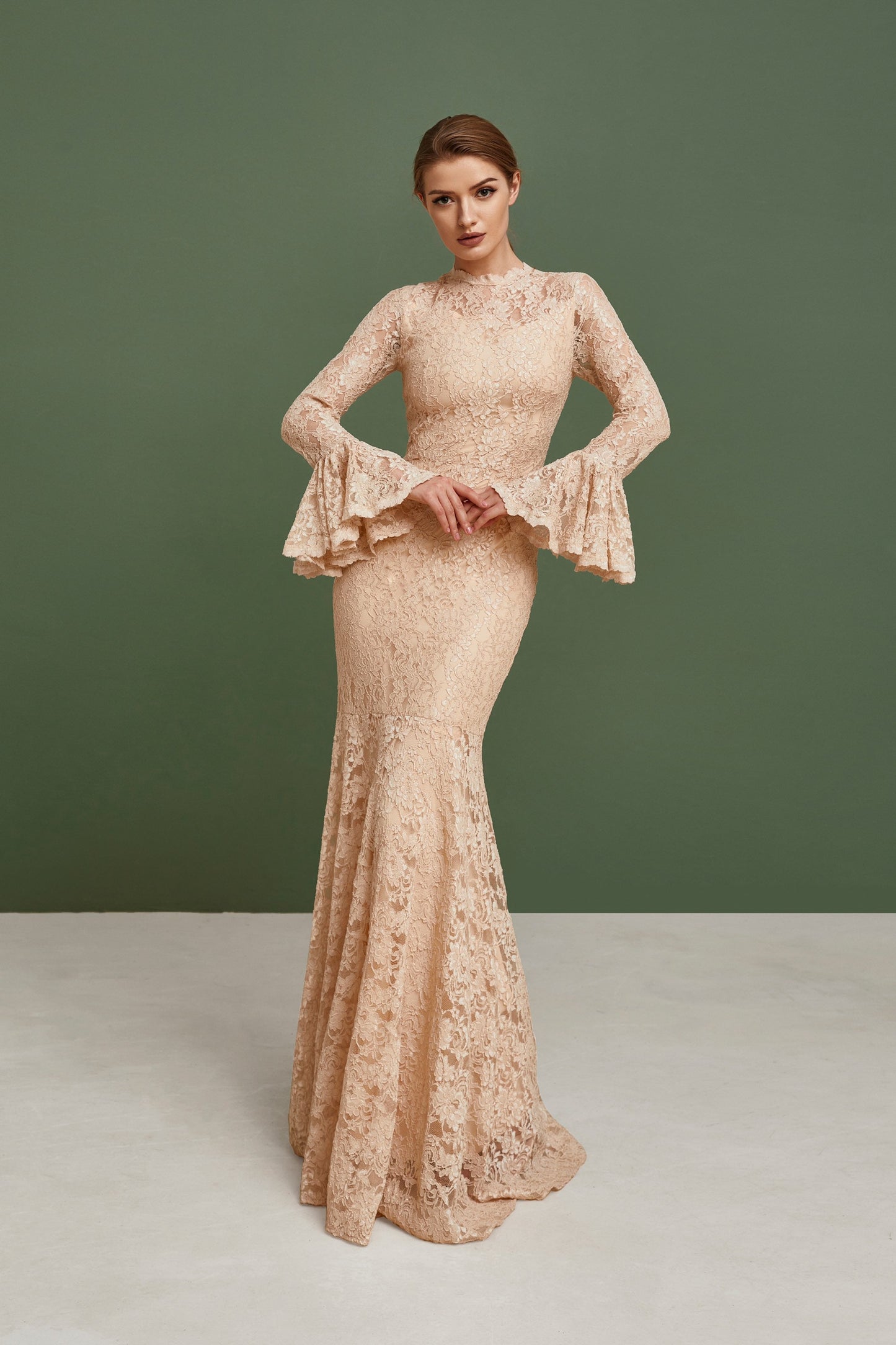 Beige bridesmaid dress with long bell sleeves, Wedding guest dress, nude bride gown, lace homecoming dress, Bohemian wedding dress