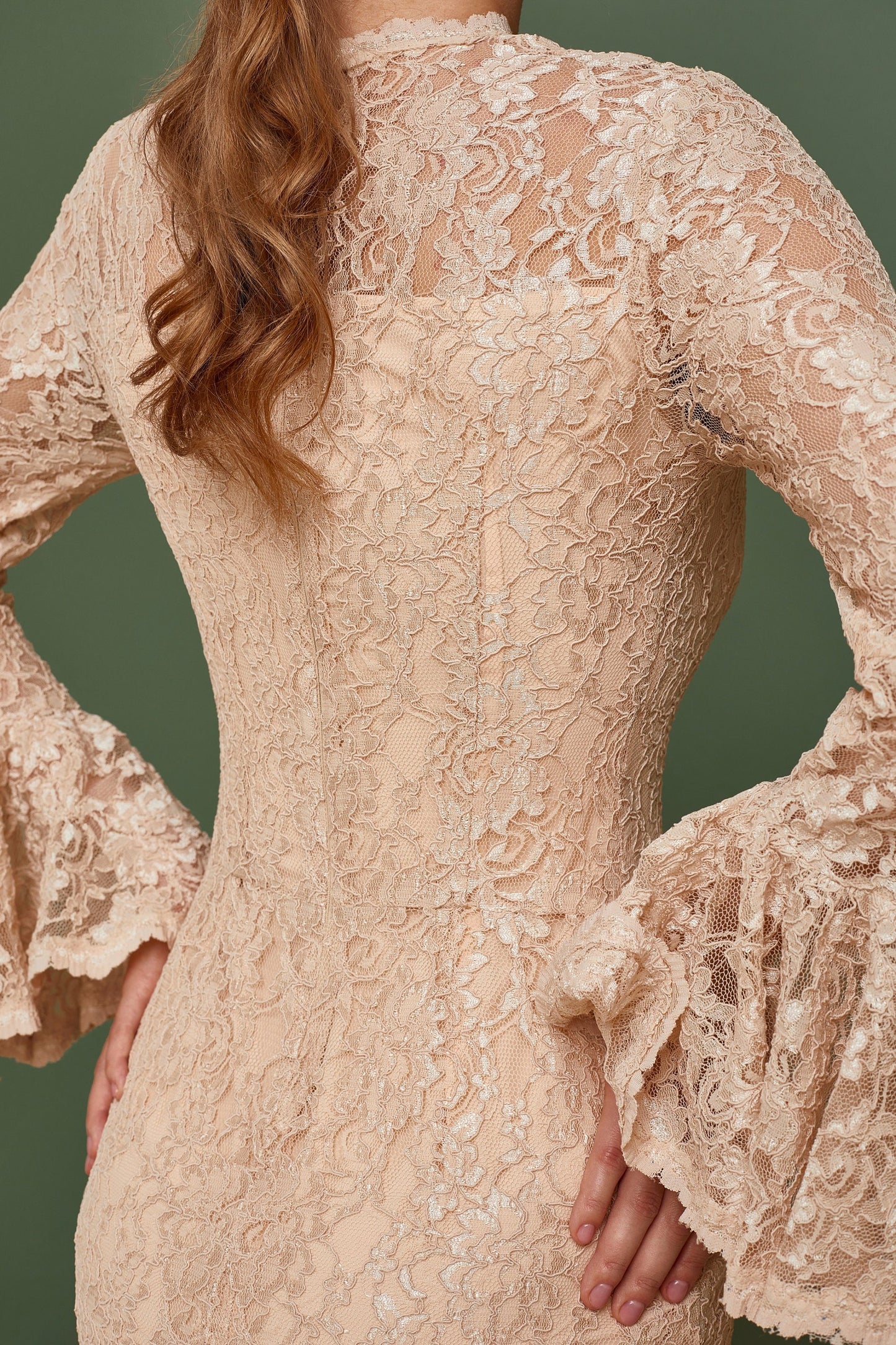Beige bridesmaid dress with long bell sleeves, Wedding guest dress, nude bride gown, lace homecoming dress, Bohemian wedding dress