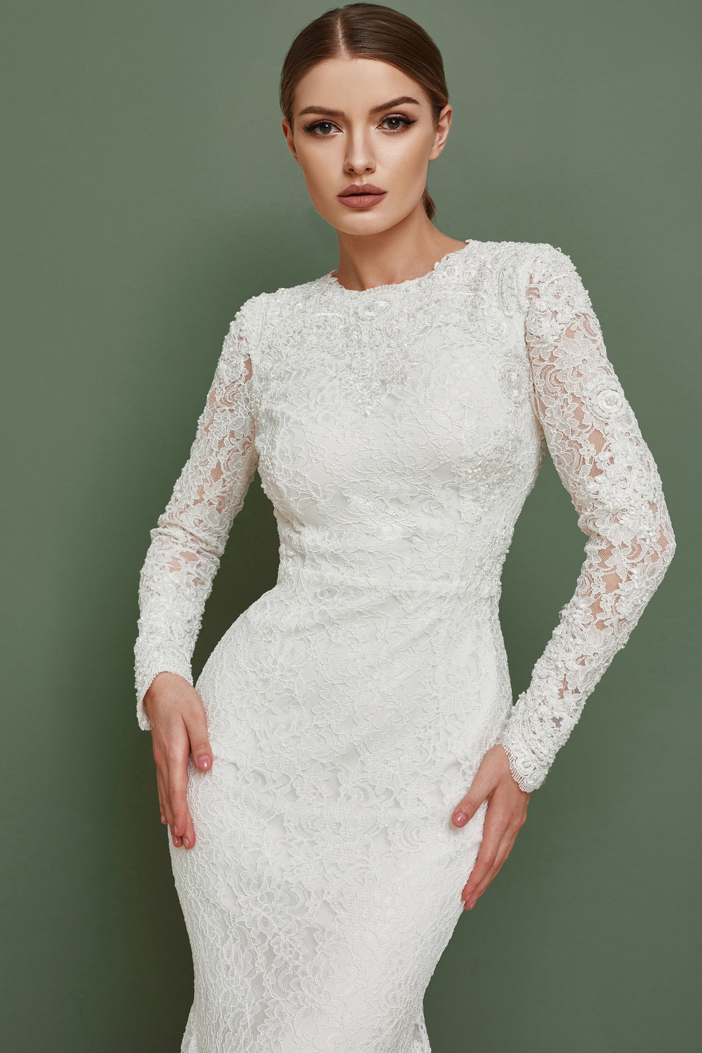 Open back wedding dress with long sleeves and train, Couture wedding dress long sleeves, Mermaid bohemian wedding gown, Classy wedding gown