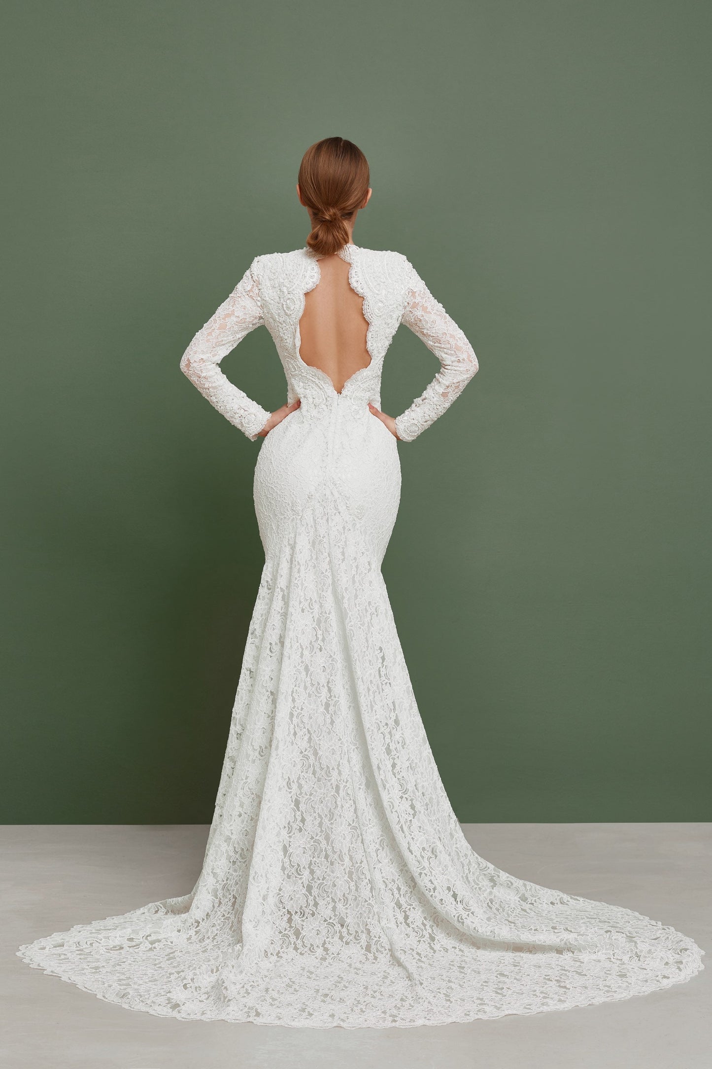 Open back wedding dress with long sleeves and train, Couture wedding dress long sleeves, Mermaid bohemian wedding gown, Classy wedding gown
