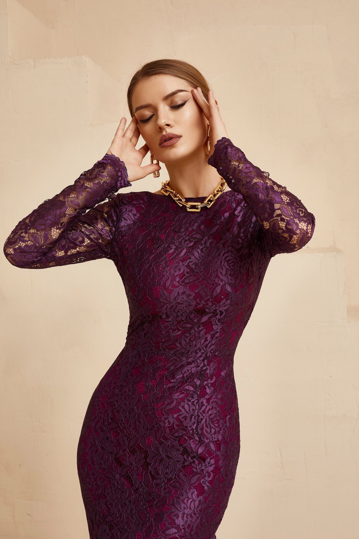 Purple wedding dress with long sleeves and open back, long train dress, evening gown with open back, bridesmaid dress, wedding guest outfit