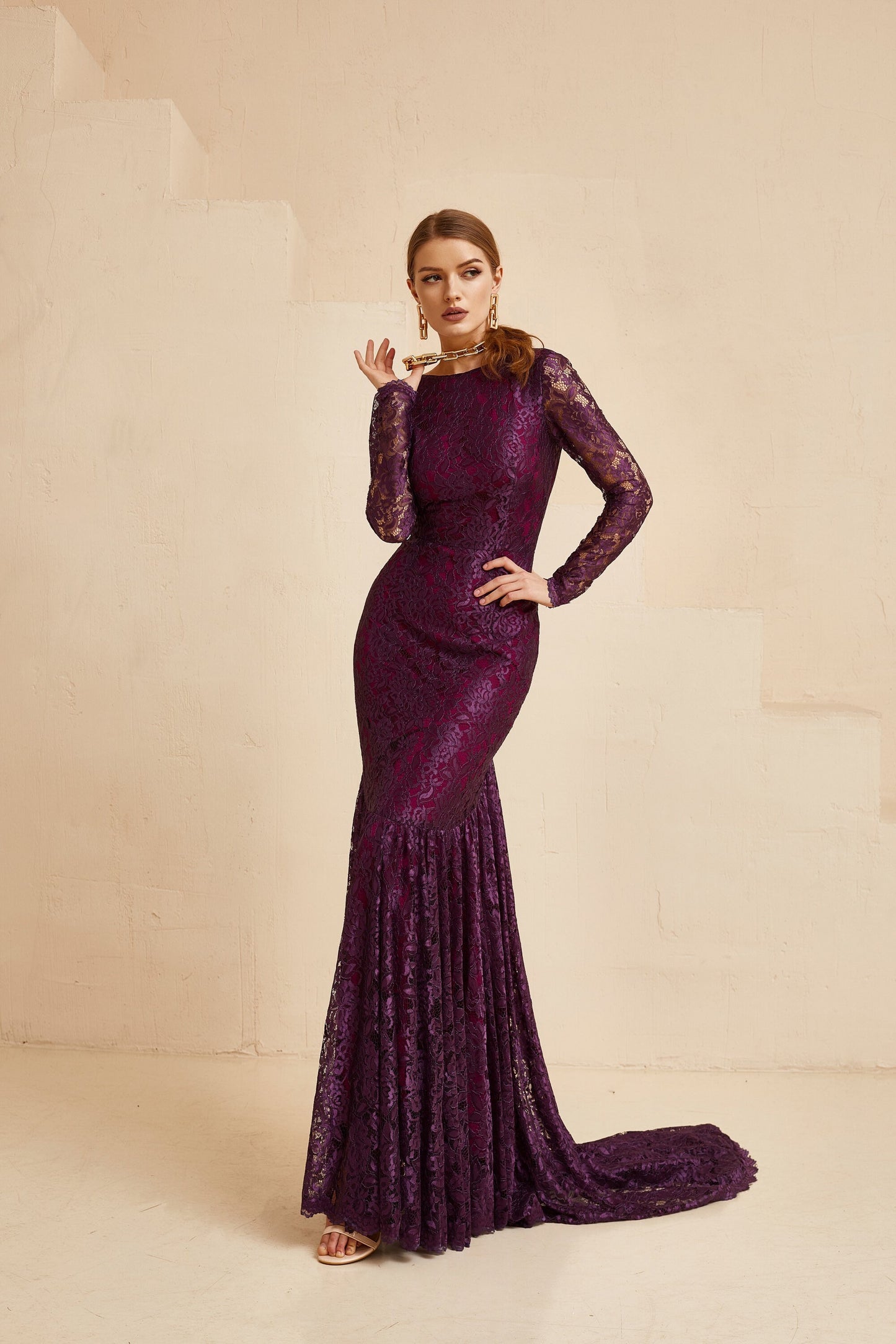 Purple wedding dress with long sleeves and open back, long train dress, evening gown with open back, bridesmaid dress, wedding guest outfit