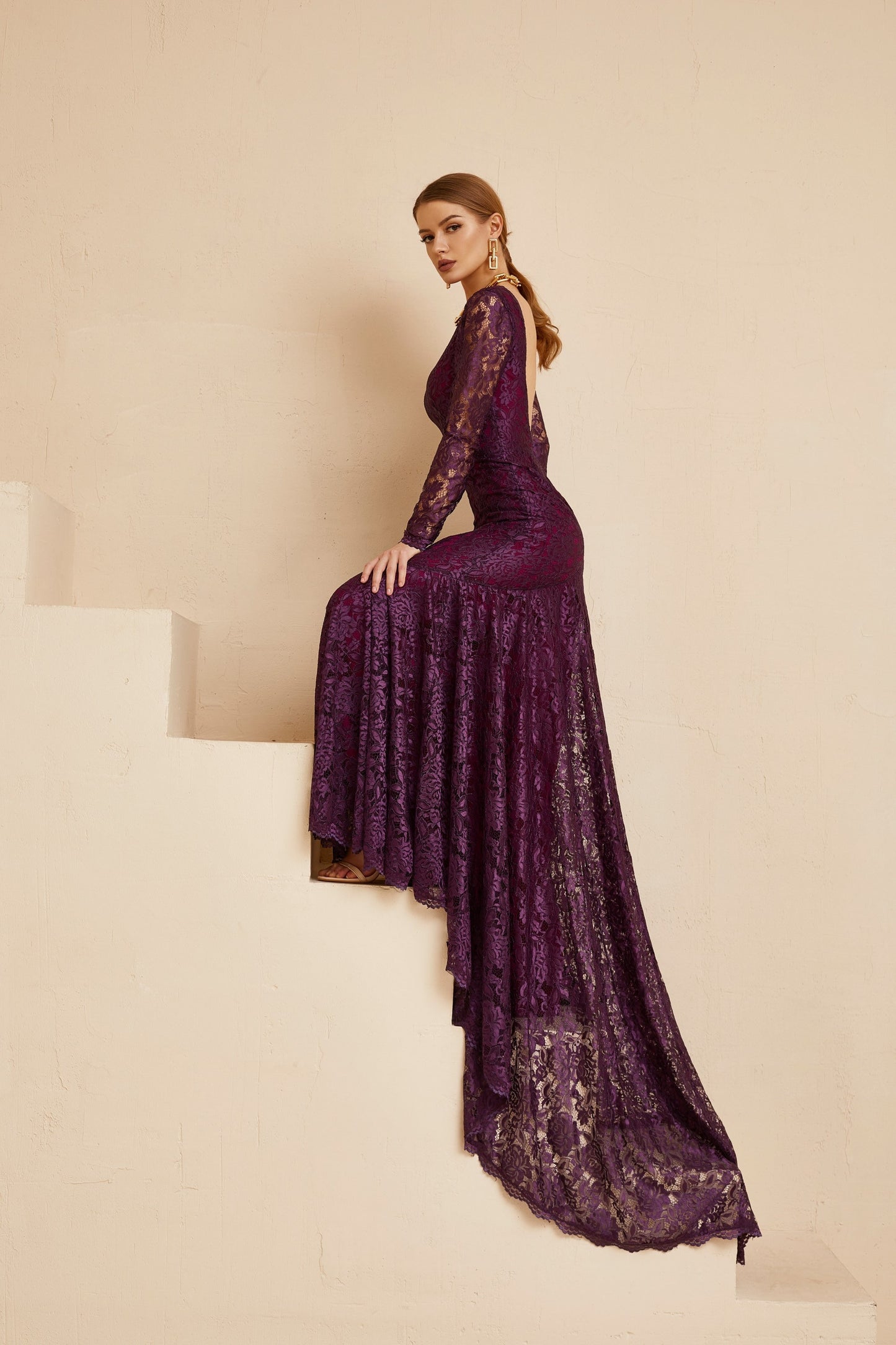 Purple wedding dress with long sleeves and open back, long train dress, evening gown with open back, bridesmaid dress, wedding guest outfit