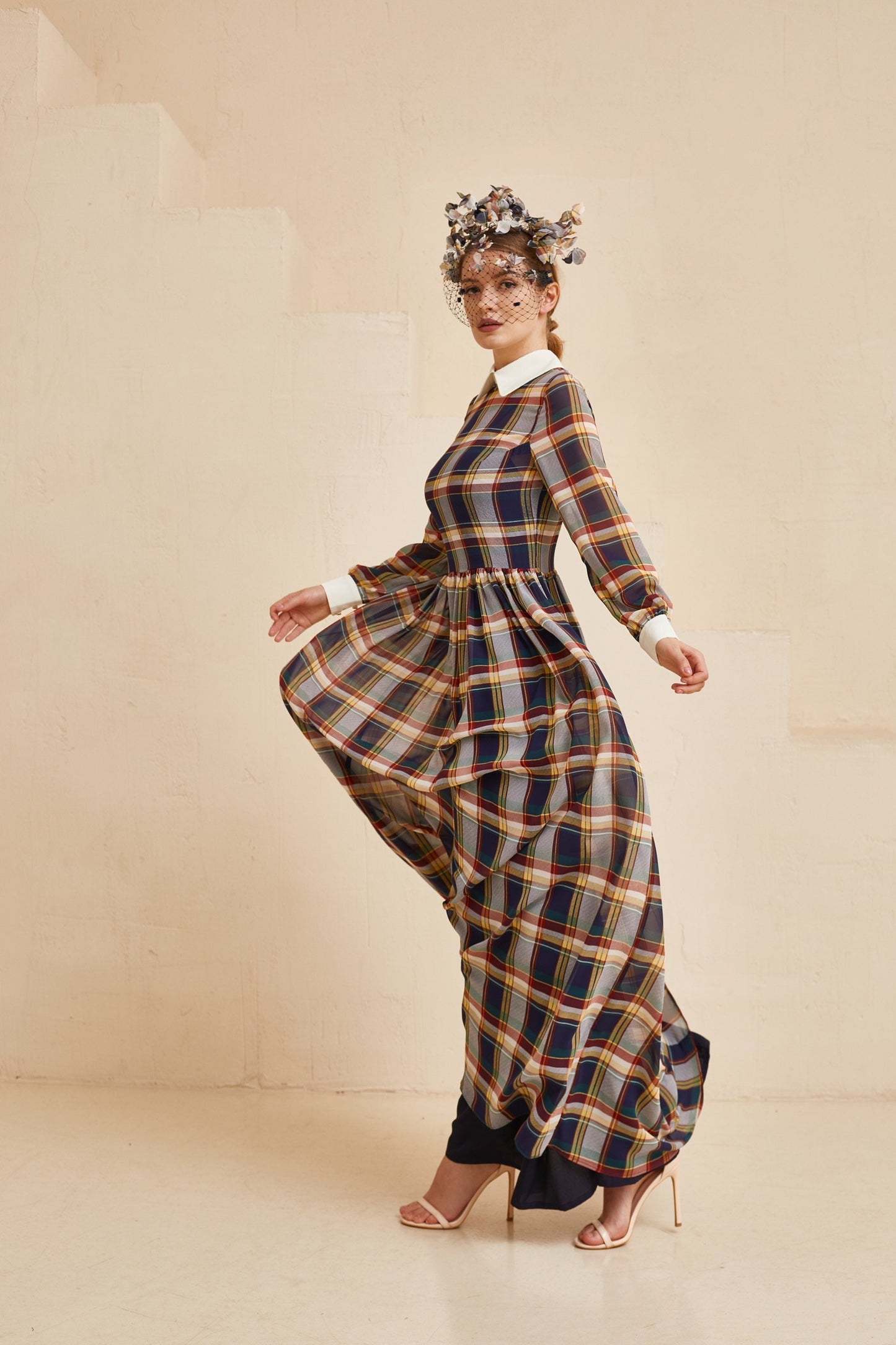 Tartan Plaid Dress, Tartan Fit and Flare Collar Dress, Chiffon gown with white collar and long sleeves, Homecoming dress