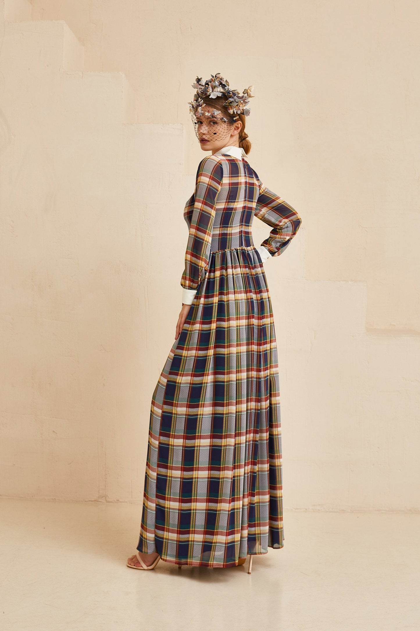 Tartan Plaid Dress, Tartan Fit and Flare Collar Dress, Chiffon gown with white collar and long sleeves, Homecoming dress